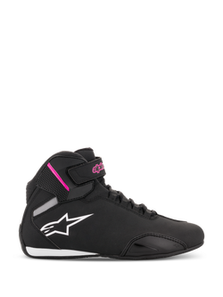 Alpinestars Women Stella Sektor Shoes, Black and Fuchsia high-top motorcycle riding shoes, white star logo, pink accents on ankle strap, black laces, white and black sole, lightweight microfiber construction