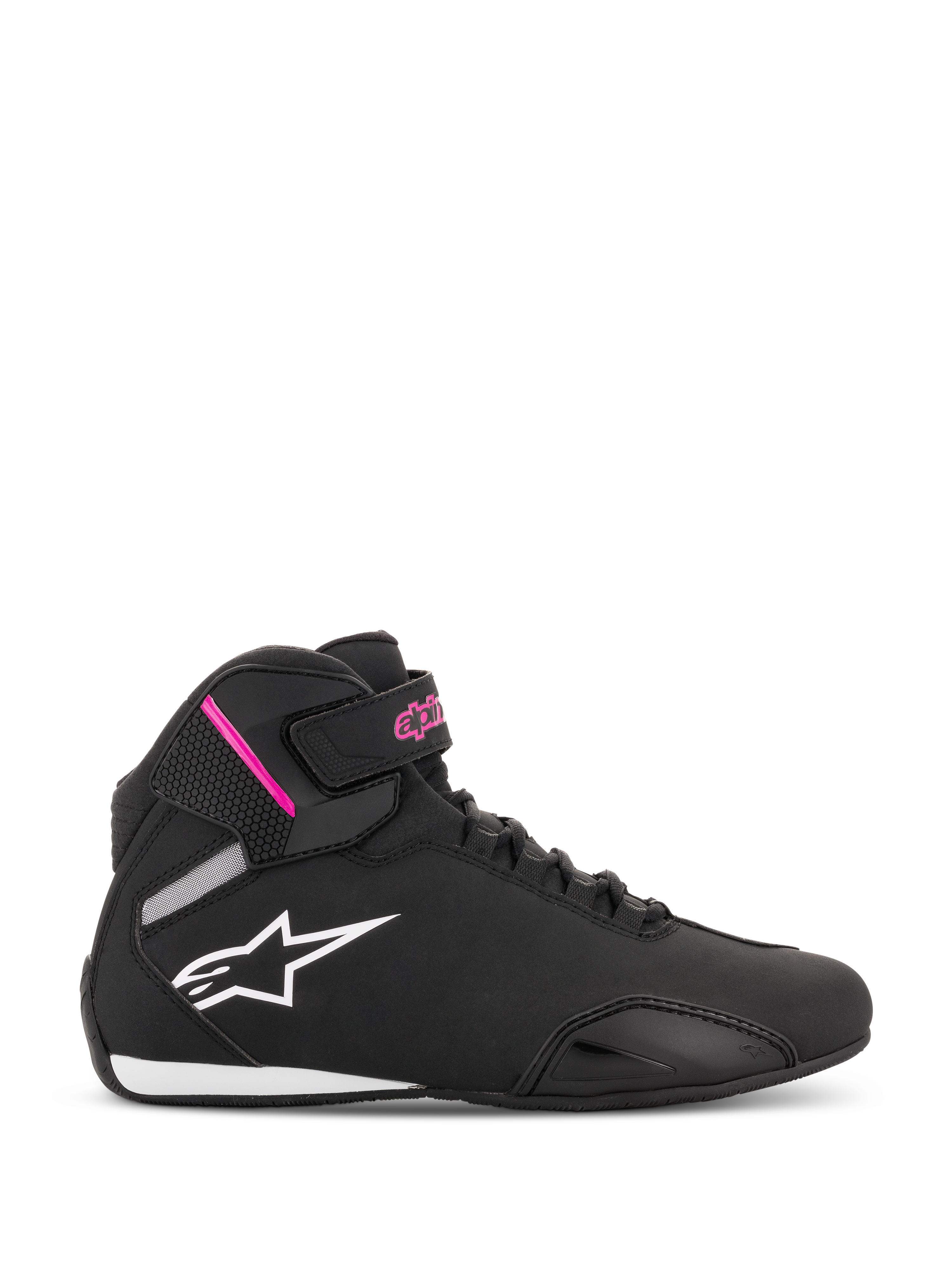 Alpinestars Stella Sektor Damenschuhe, schwarze und fuchsiafarbene High-Top-Motorradschuhe, weißes Stern-Logo, pinkfarbene Akzente am Knöchelriemen, schwarze Schnürsenkel, weiß-schwarze Sohle, leichte Mikrofaser-Konstruktion