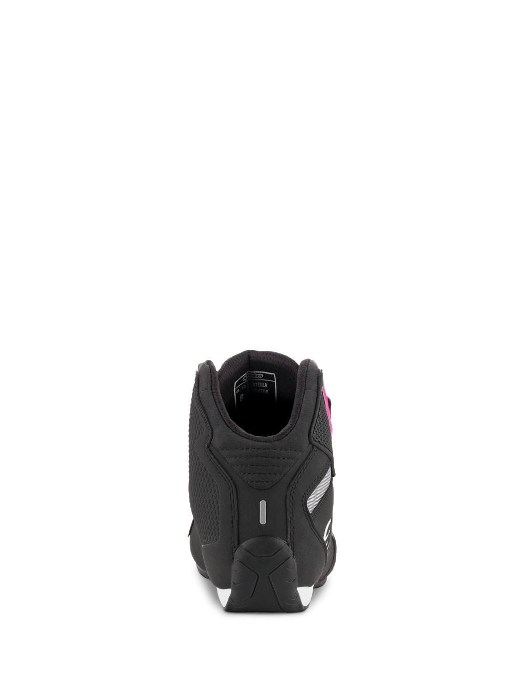 Alpinestars Stella Sektor Damenschuhe, Schwarz und Fuchsia, Rückansicht zeigt Fersenkonstruktion und reflektierende Details, leichte Motorradschuhe aus Mikrofaser.