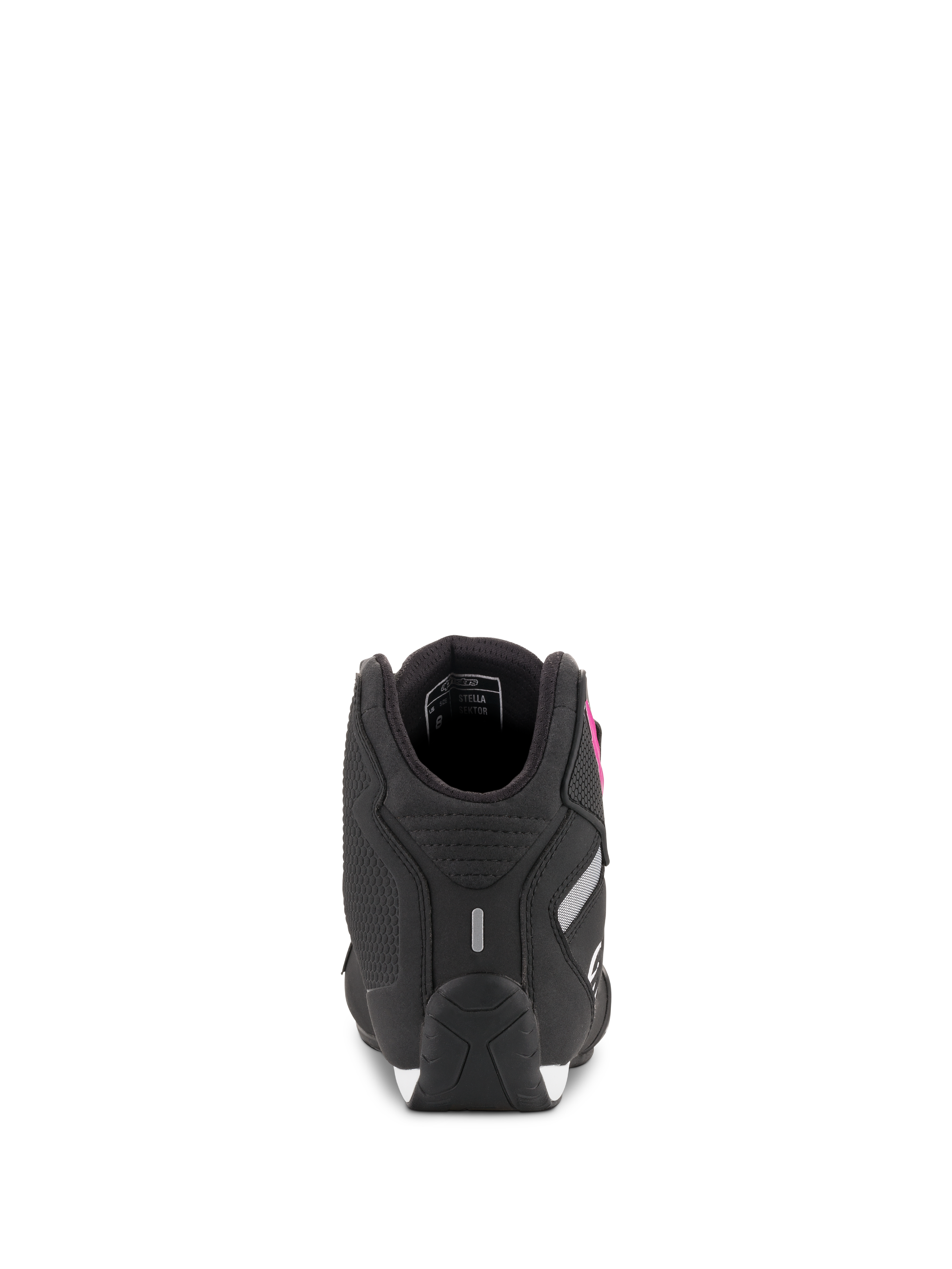 Alpinestars Stella Sektor Damenschuhe, Schwarz und Fuchsia, Rückansicht zeigt Fersenkonstruktion und reflektierende Details, leichte Motorradschuhe aus Mikrofaser.