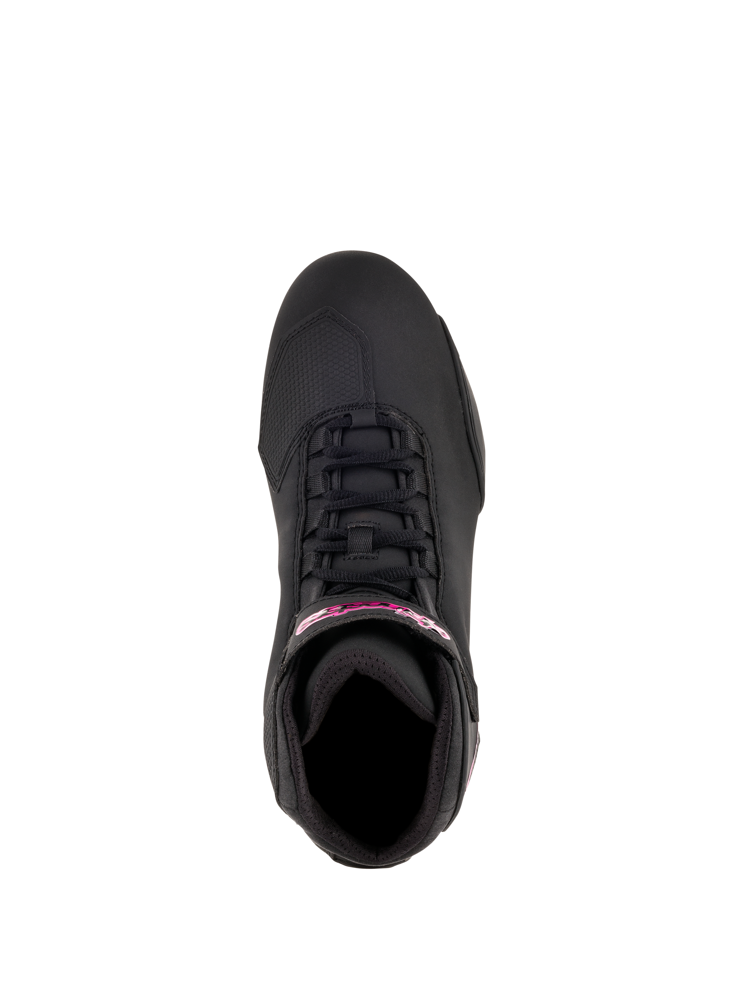 Alpinestars Stella Sektor Damenschuhe, Motorradschuhe, Schwarz und Fuchsia, Draufsicht mit Schnellschnürsystem und fuchsiafarbenem Branding am Knöchelriemen, leichte Mikrofaser-Konstruktion mit sportlichem Profil
