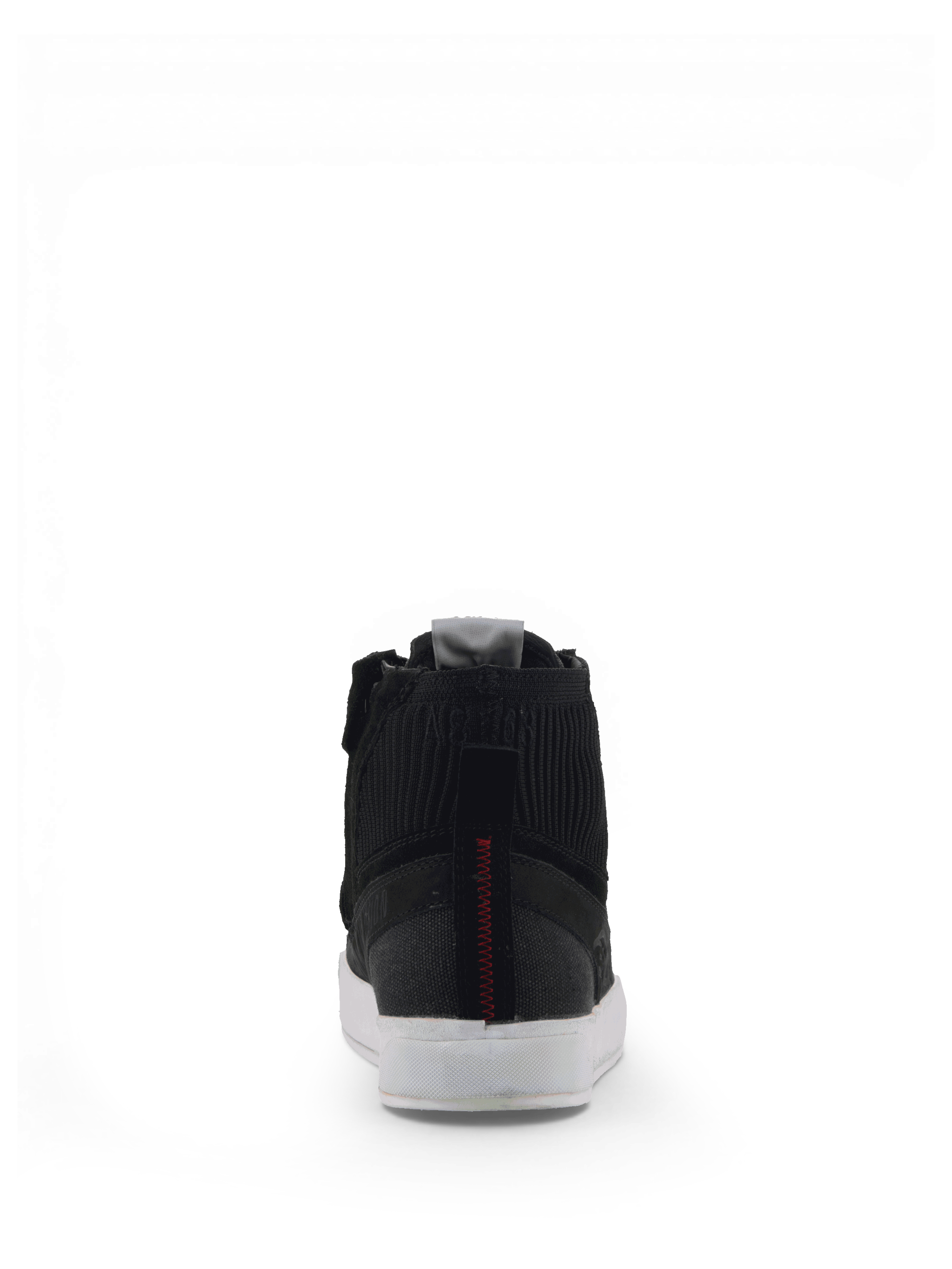 Alpinestars Stated Shoes, men's black urban riding sneakers in nubuck and canvas, rear view with white soles.