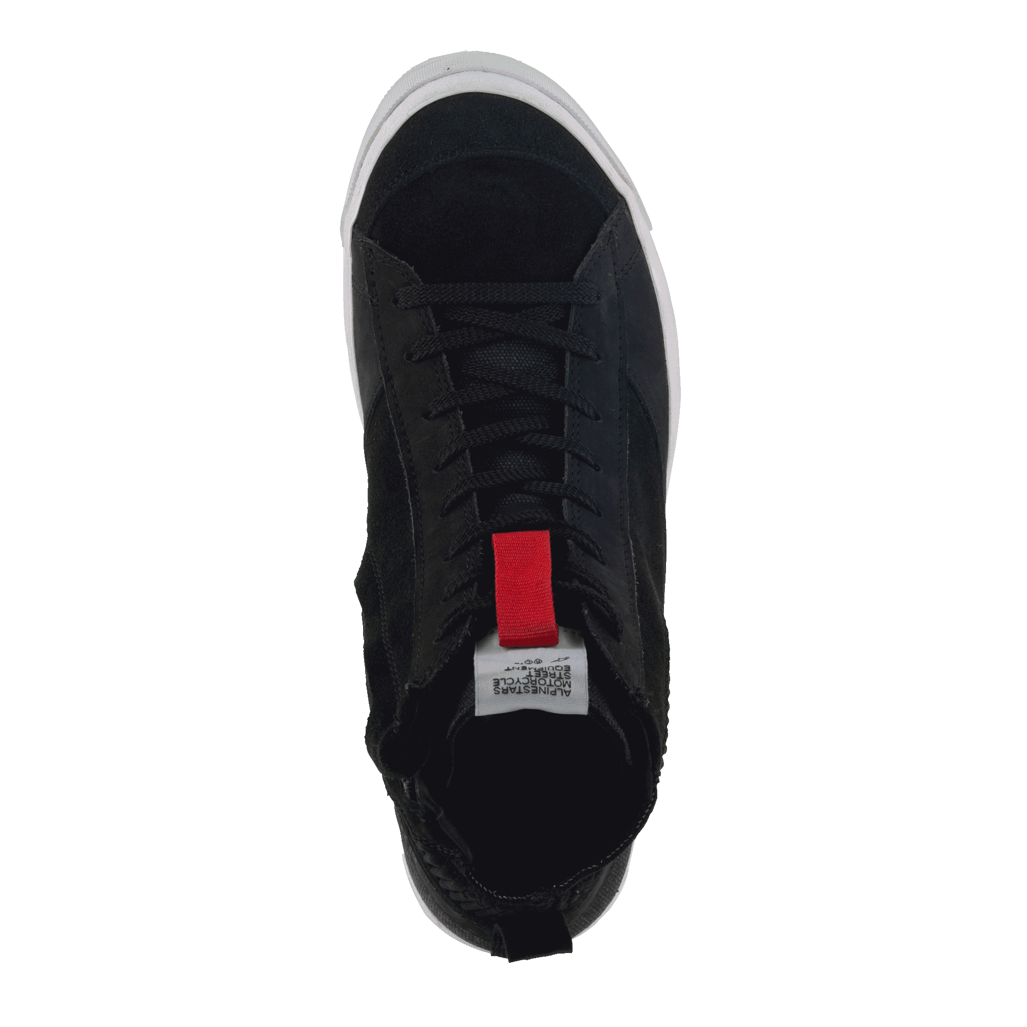 Alpinestars Stated Schuhe, urbane Motorradschuhe, Schwarz, Draufsicht mit schwarzen Schnürsenkeln, roter Zuglasche an der Zunge und weißem vulkanisierten Sohlenrand, minimalistisches, vom Skate-Stil inspiriertes Design für die Straße