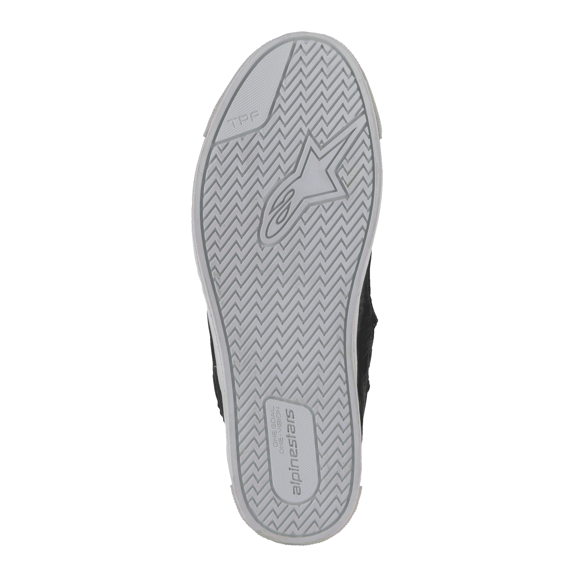 Alpinestars Stated Schuhe, Sohlenansicht von unten, hellgrauer vulkanisierter Gummi mit Fischgräten-Traktionsmuster, mit Alpinestars Stern-Logo und TPF-Branding, Detail eines urbanen Motorradschuhs