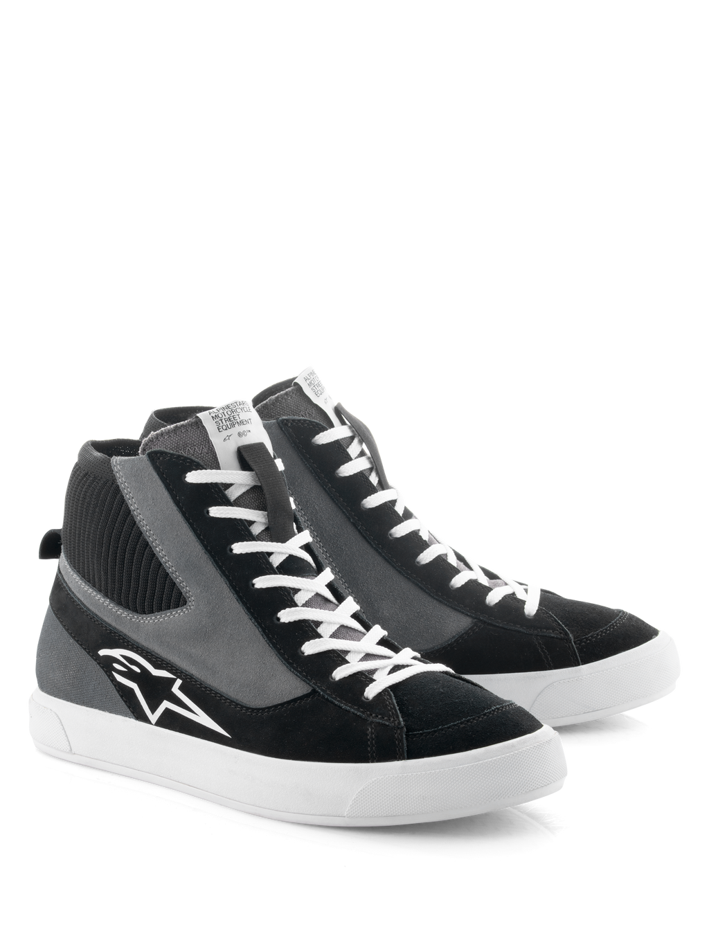 Alpinestars Stated Shoes, Motorcycle Riding Shoes, Black Gray and White, retro skate-inspired high-top design with white laces and vulcanized rubber sole, featuring the Alpinestars logo on the side and a blend of suede and canvas materials.