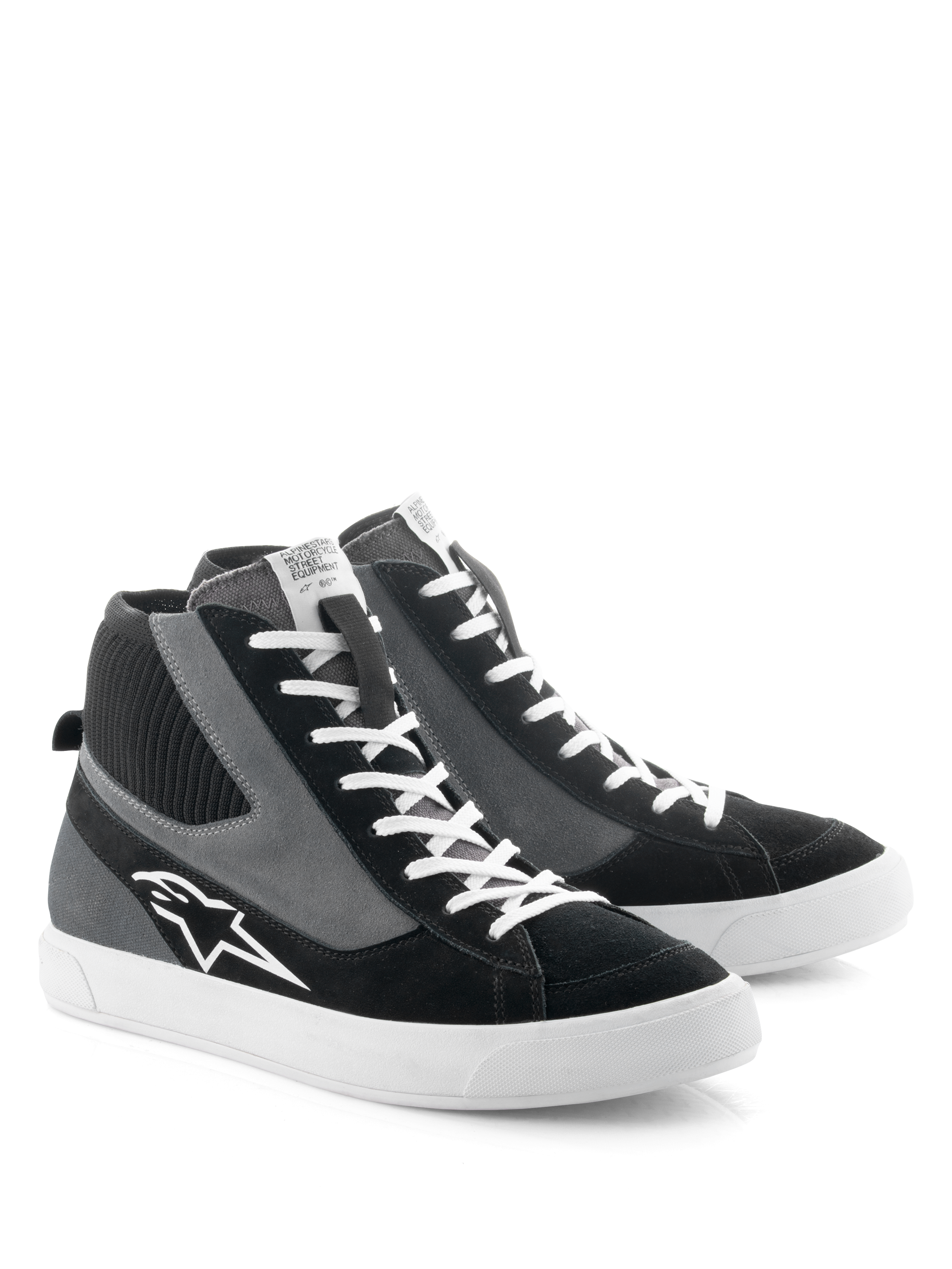 Alpinestars Stated Shoes, Motorcycle Riding Shoes, Black Gray and White, retro skate-inspired high-top design with white laces and vulcanized rubber sole, featuring the Alpinestars logo on the side and a blend of suede and canvas materials.