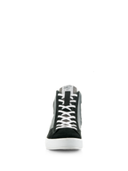 Alpinestars Stated Shoes, Black Gray and White, front-facing view of high-top motorcycle riding sneaker, white laces, black suede toebox, gray canvas panels, white vulcanized sole, urban street style