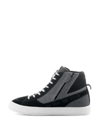 Alpinestars Stated Shoes, Black Gray and White urban motorcycle shoes, side profile featuring high-top sneaker design, lateral zipper, white vulcanized sole, and "ONE GOAL. ONE VISION" text.