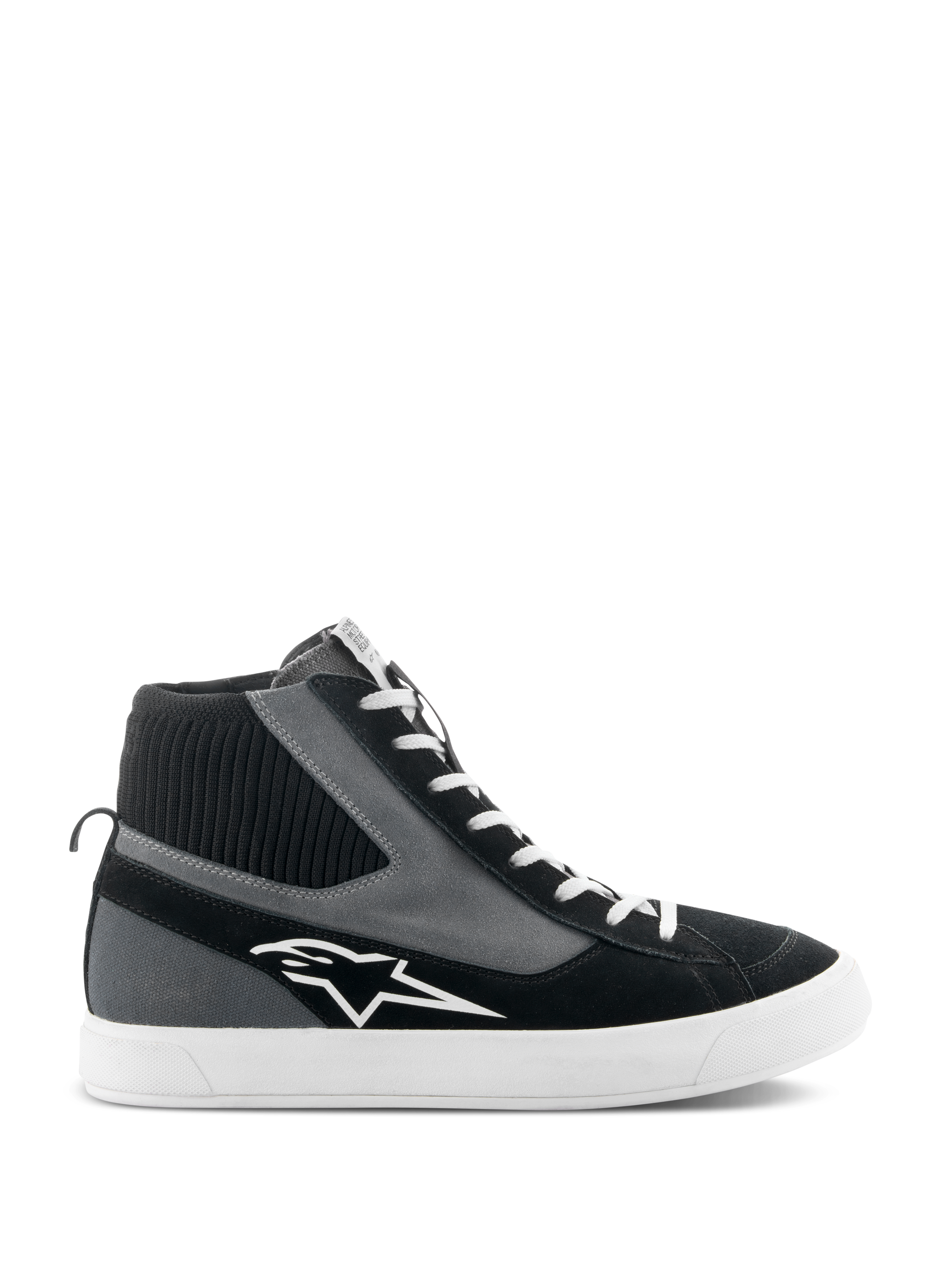 Alpinestars Stated Schuhe, High-Top-Motorradschuhe, Schwarz, Grau und Weiß, mit weißem Stern-Logo, weißer vulkanisierter Gummisohle, geripptem Strickkragen und weißen Schnürsenkeln, urbaner Streetstyle