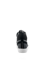 Alpinestars Stated Shoes, urban motorcycle riding shoes, Black Gray White, rear view featuring white vulcanized sole, gray suede and canvas upper, black knitted ankle collar with "AST63" branding, and vertical white zigzag stitching on the heel.