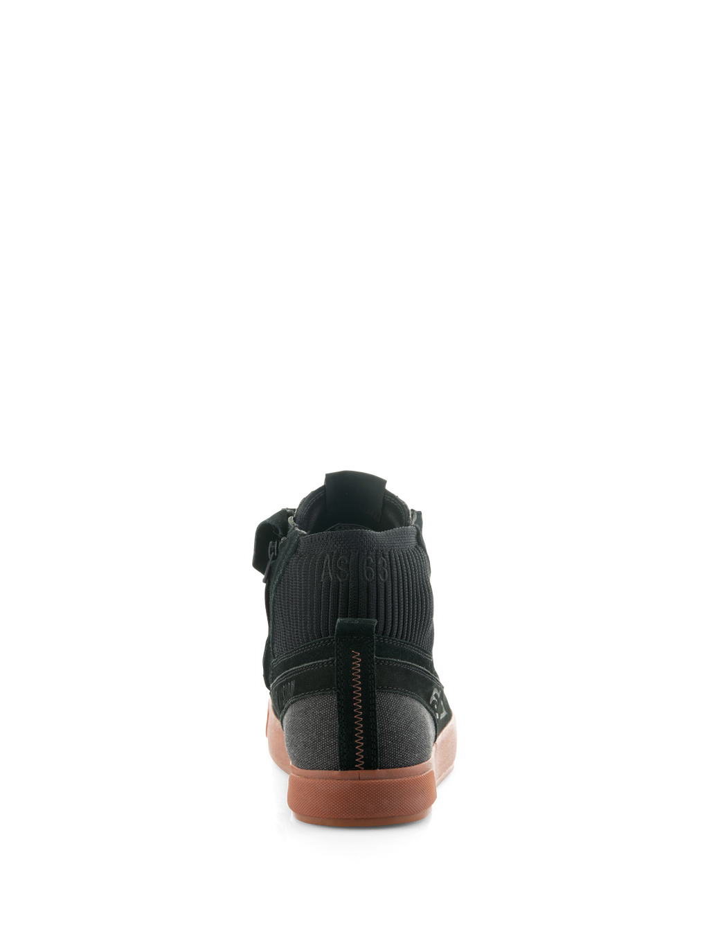 Alpinestars Stated Shoes, Black Gum urban riding shoes, rear view showing the gum vulcanized sole, black suede and canvas upper, and ribbed knitted ankle collar