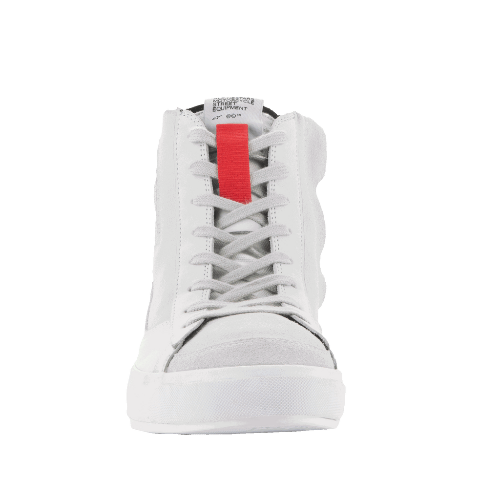 Alpinestars Stated Shoes, Urban Riding Shoes, White Cool Gray, front-facing view of high-top sneaker, featuring a prominent red accent on the tongue, gray laces, and a white vulcanized sole, minimalist skate-inspired design