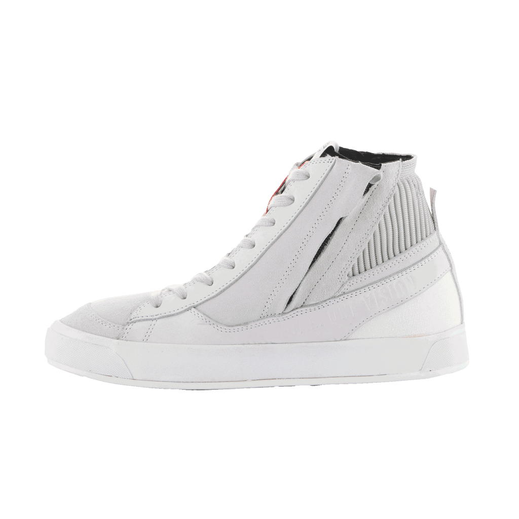 Alpinestars Stated Shoes, Urban Motorcycle Riding Shoes, White Cool Gray, high-top street sneaker style, nubuck and suede construction, lateral side zipper, white vulcanized sole, ribbed ankle collar