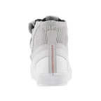 Alpinestars Stated Shoes, Motorcycle Riding Shoes, White Cool Gray, rear view featuring red zig-zag heel stitching, knitted mesh ankle collar, and white vulcanized sole, urban sneaker design