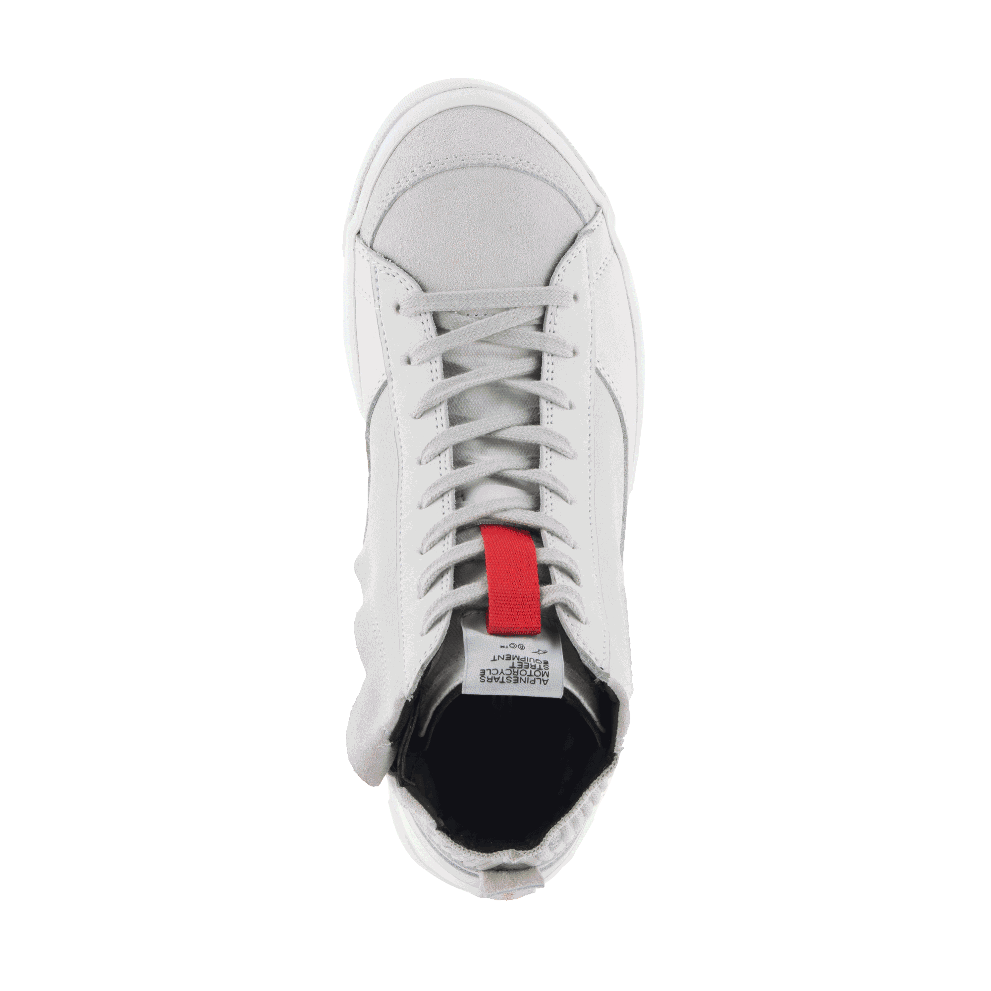 Alpinestars Stated Shoes, Urban Riding Shoes, White Cool Gray, top-down view showing suede toe box and classic lace closure, featuring a red accent on the tongue, retro skate-inspired motorcycle sneaker design