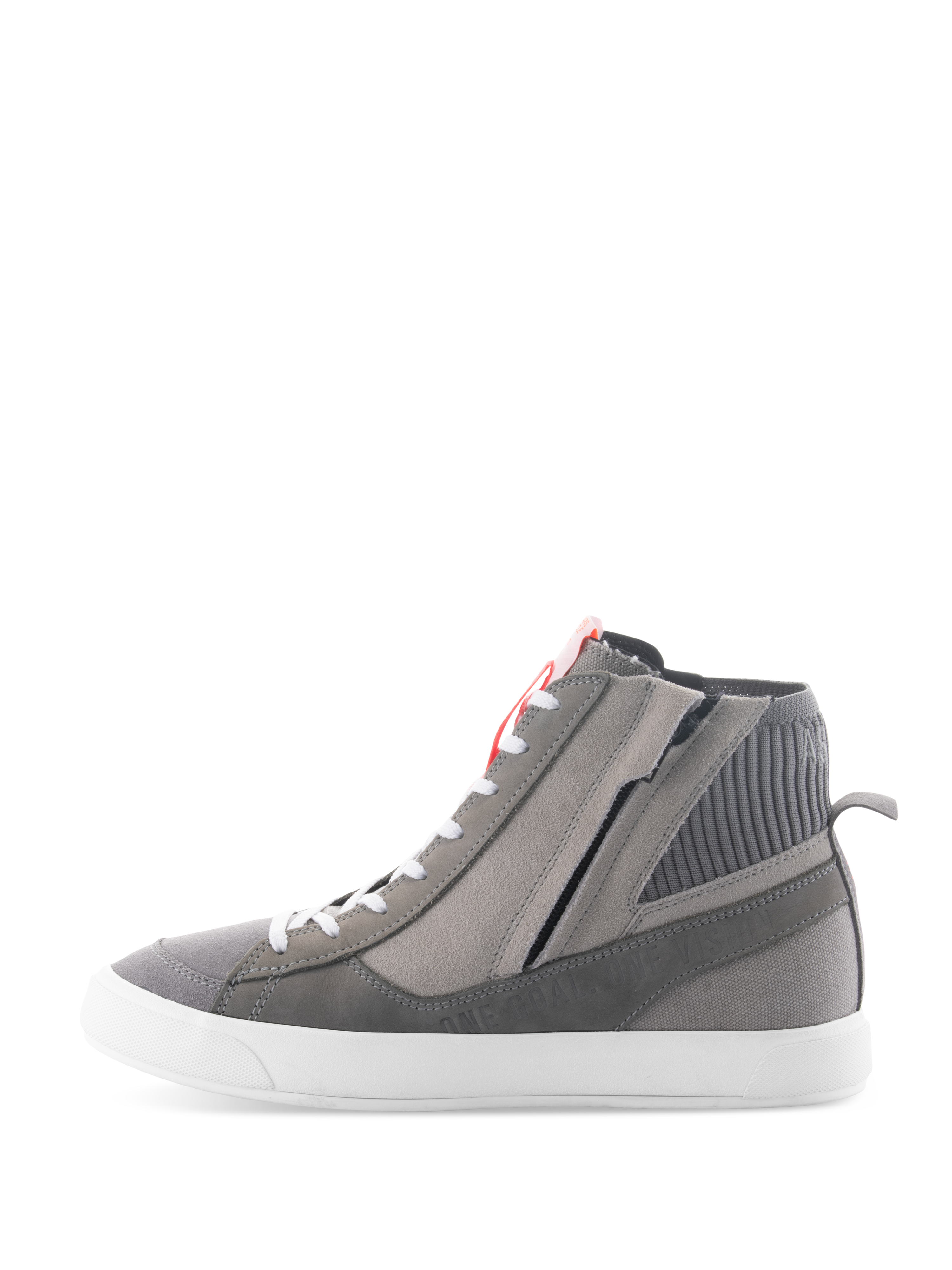 Alpinestars Stated Schuhe, urbane Motorradschuhe in Hellgrau, Fluo-Rot und Weiß, High-Top-Retro-Sneaker-Design mit Obermaterial aus grauem Wildleder und Canvas, seitlichem Reißverschluss und weißer vulkanisierter Sohle