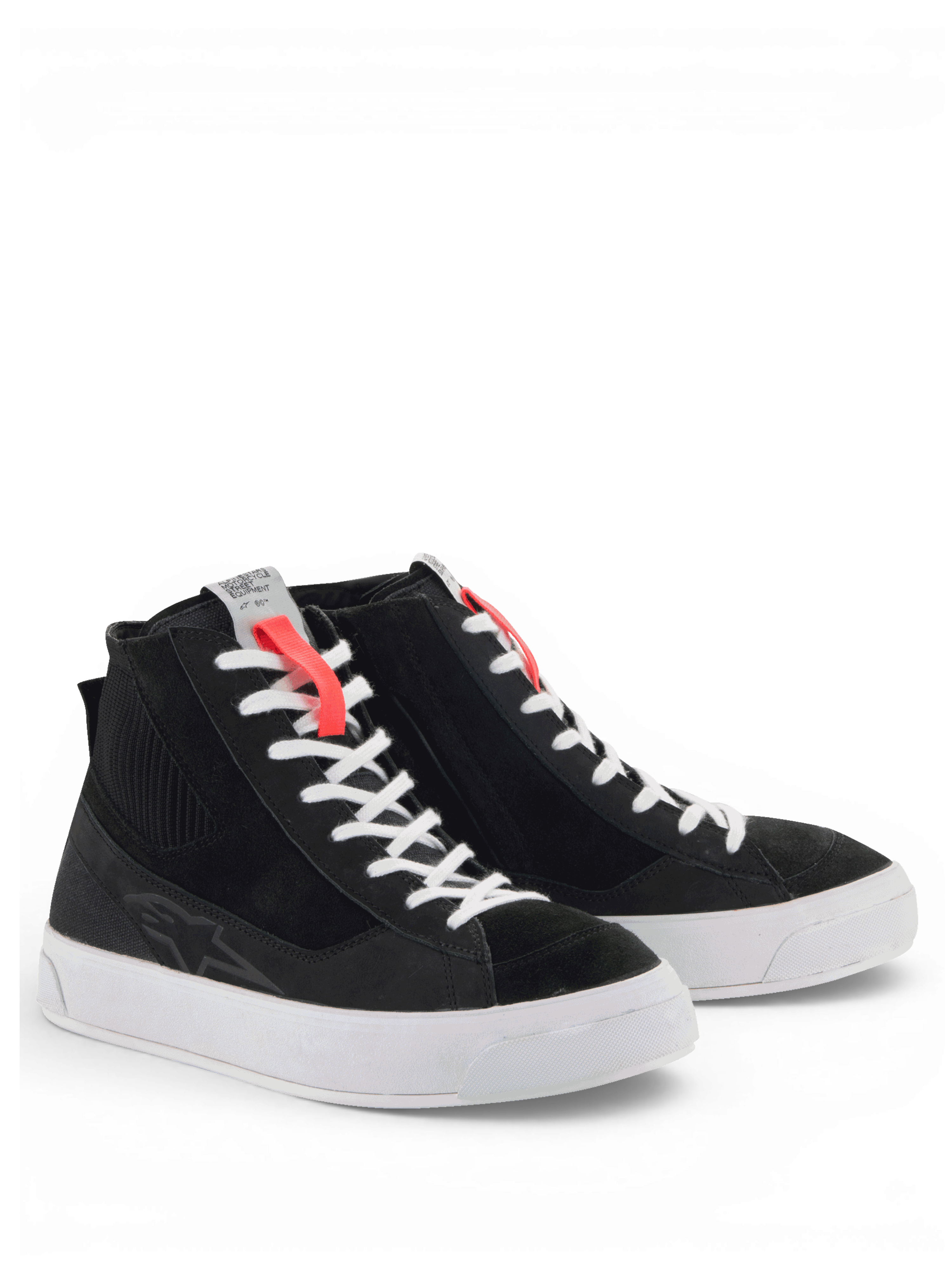Alpinestars Stella Stated Podium Shoes, women's black urban motorcycle shoes with white soles and skate-inspired styling.