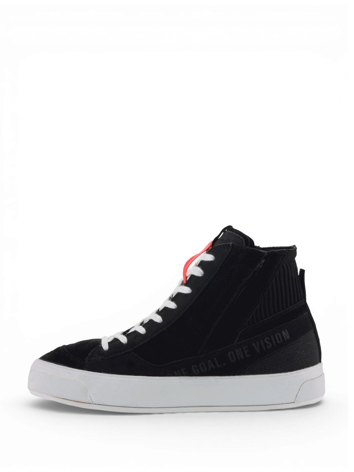 Alpinestars Stella Stated Podium Schuhe, urbane Motorradschuhe für Damen, Schwarz und Weiß, aus Leder und Canvas, weiße vulkanisierte Gummisohle, Skate-Stil mit One Goal One Vision Schriftzug.
