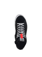 Alpinestars Stella Stated Podium Shoes, Women's Urban Motorcycle Riding Shoes, Black and White with Red detail, Top-down view showing split suede and canvas construction.