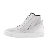 The Stella Stated Podium Shoes by Alpinestars EU are white high-top sneakers crafted for an urban riding environment. They feature lace-up fronts, textured sides, and slightly raised rubber soles. Designed for a women’s fit, these shoes have a subtle logo on the outer surface and appear brand new against a plain black background.