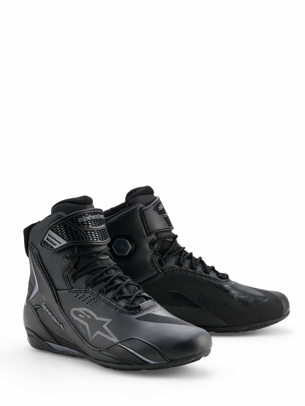 Alpinestars Faster-4 Drystar® Schuhe, Motorradschuhe in Black Cool Gray, High-Top-Design mit Schnürverschluss und verstellbarem Knöchelriemen, mit dem ikonischen Stern-Logo und Drystar-Branding, strapazierfähiges und wasserdichtes Sportschuhwerk