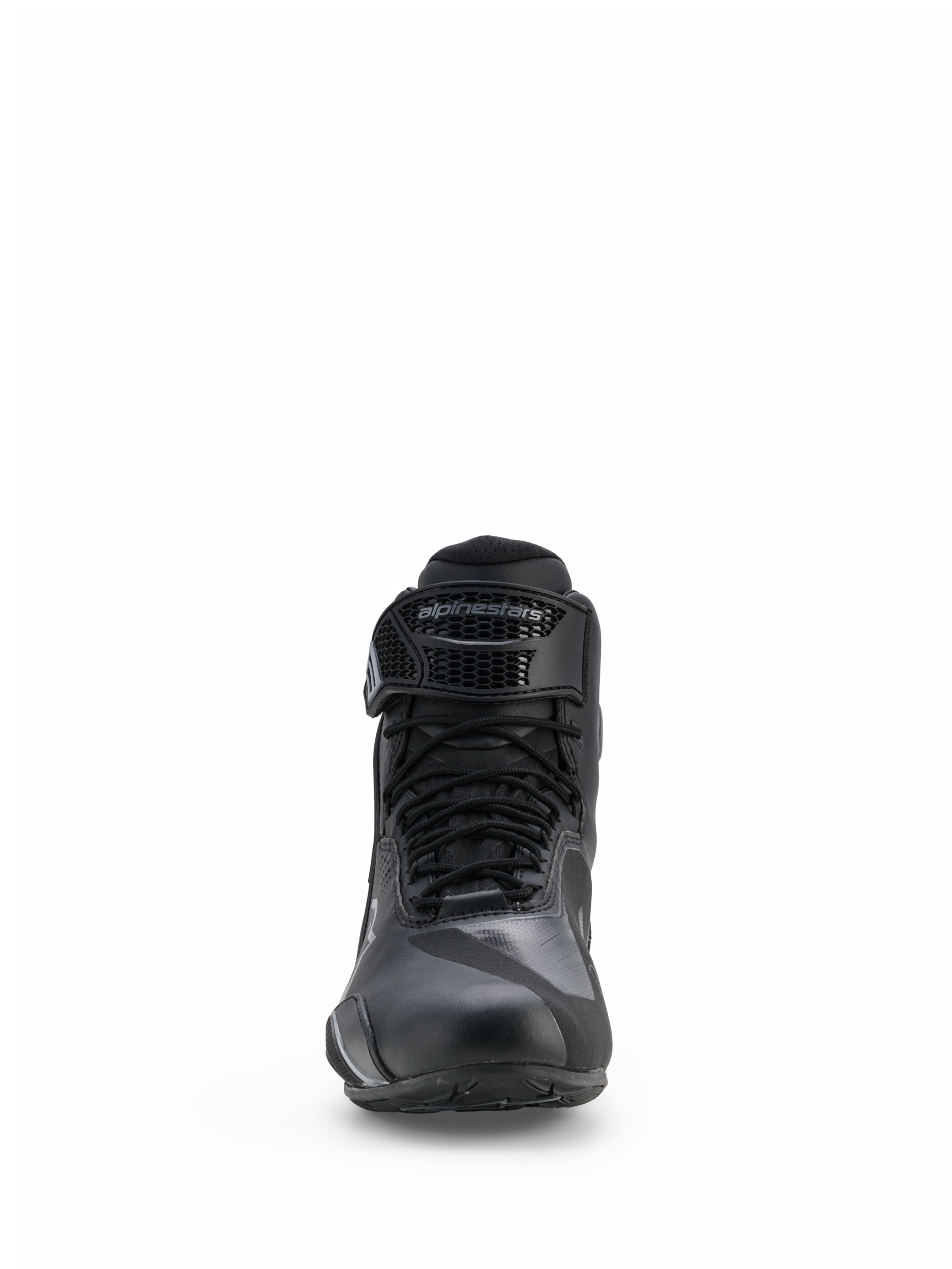 Alpinestars Faster-4 Drystar® Schuhe, Motorradschuhe, Schwarz und Cool Gray, Vorderansicht mit Schnürverschluss und verstellbarem Klettverschlussriemen mit Alpinestars-Branding, schlankes wasserdichtes Design für den Straßensport