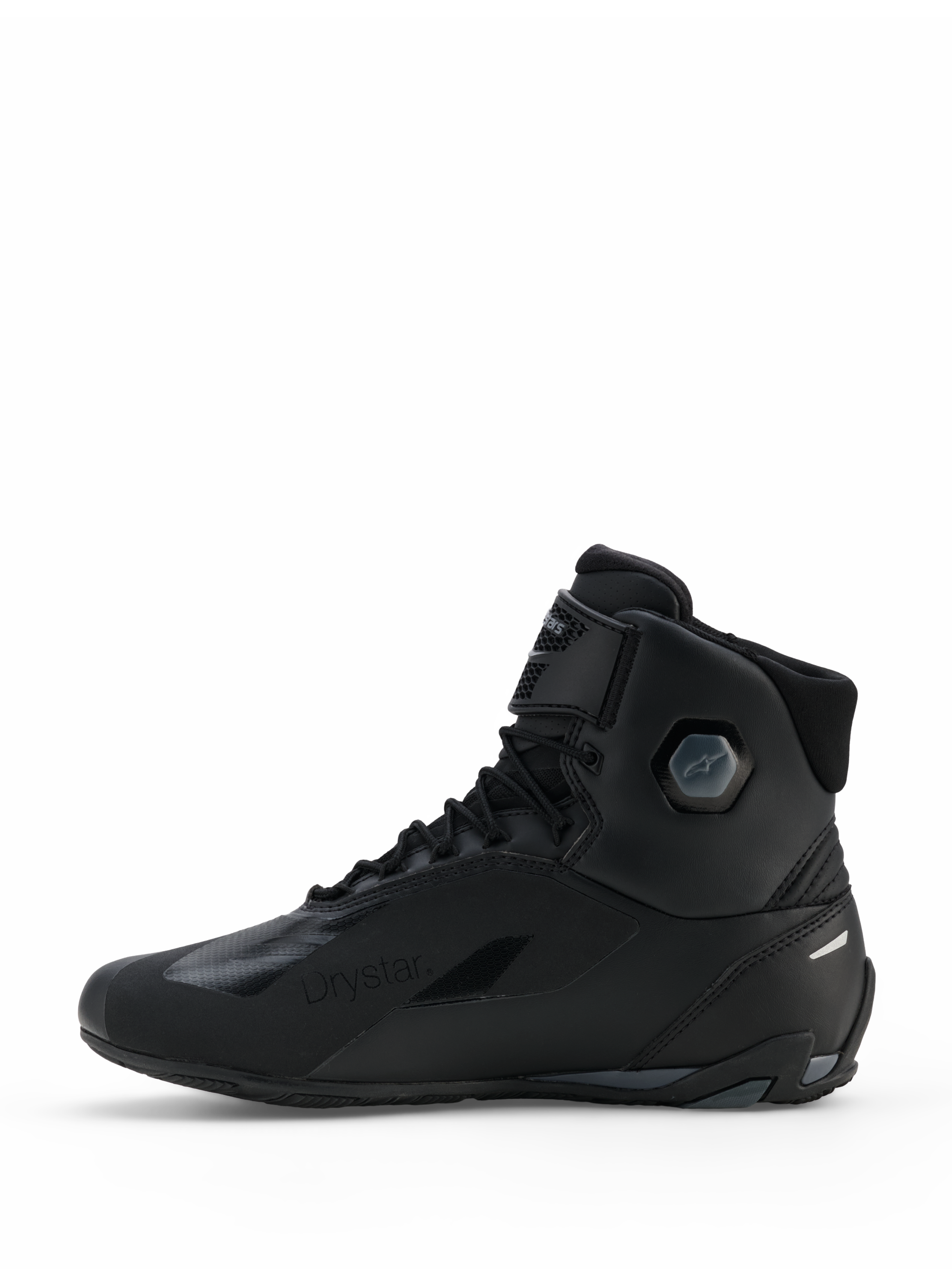 Alpinestars Faster-4 Drystar® Schuhe, Motorradschuhe, Black Cool Gray, Seitenansicht mit nahtloser Mikrofaser-Konstruktion, wasserdichtem Drystar®-Branding, Schnürverschluss mit Knöchelriemen und integrierter schützender Knöchelstruktur.