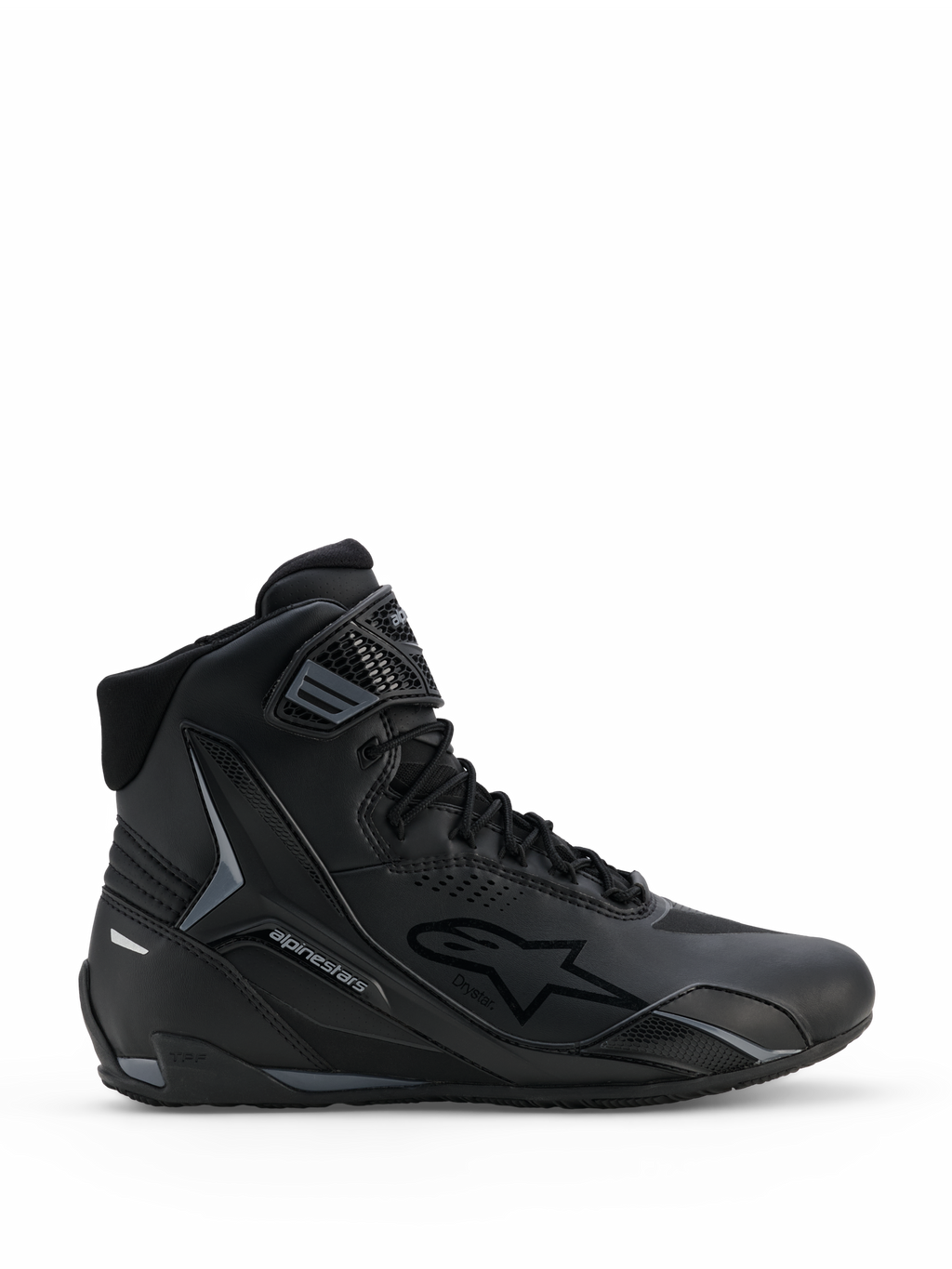 Alpinestars Faster-4 Drystar® Schuhe, Motorradschuhe in Schwarz und Cool Gray, High-Top-Design mit Schnürverschluss und Klettverschluss-Knöchelriemen, mit wasserdichtem Drystar-Branding und Alpinestars Stern-Logo, schlankes sportliches Profil für Straßenfahrten