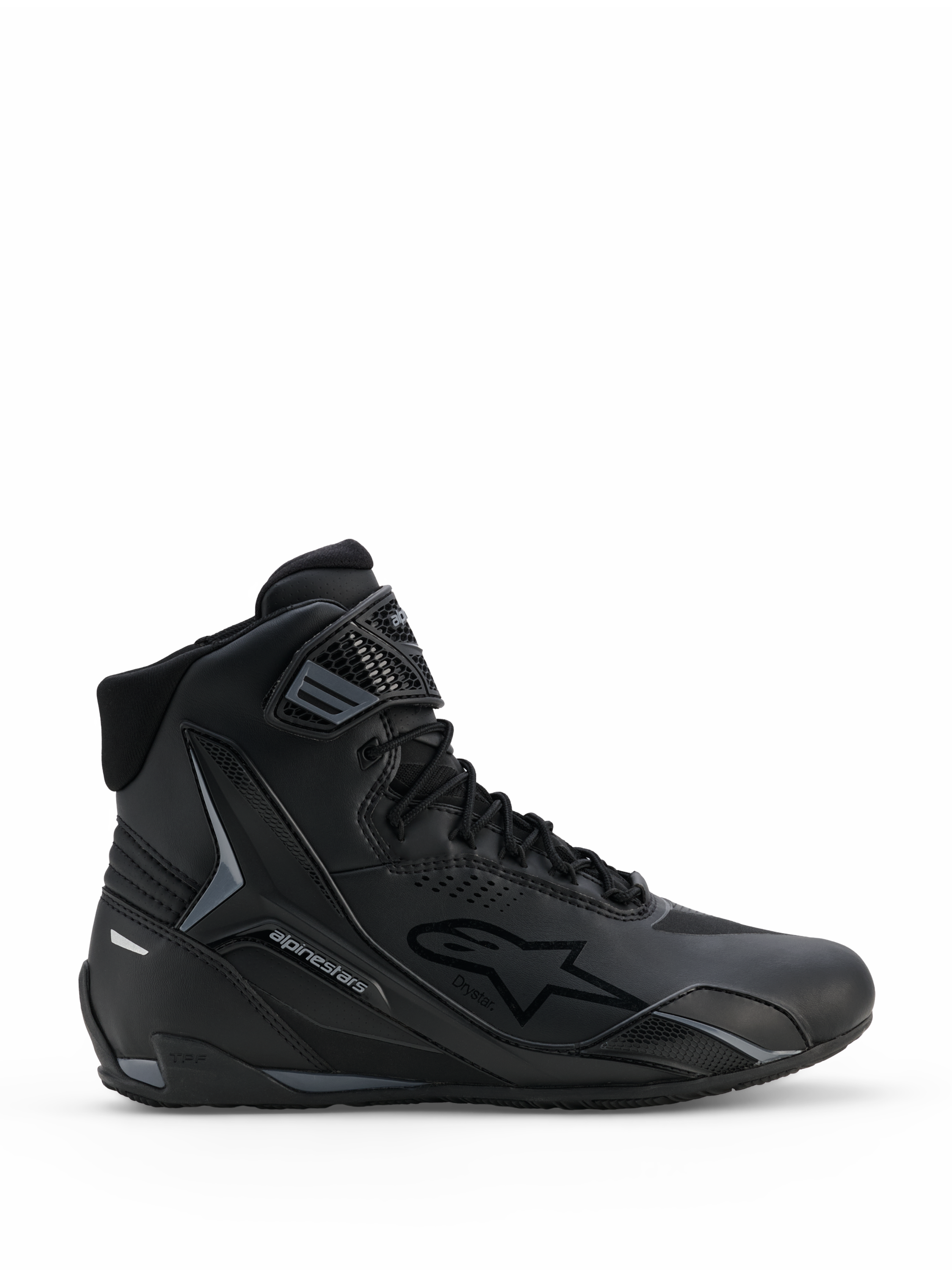 Alpinestars Faster-4 Drystar® Shoes, Black and Cool Gray Motorcycle Riding Shoes, High-Top Design with Lace-Up Closure and Hook-and-Loop Ankle Strap, Featuring Drystar Waterproof Branding and Alpinestars Star Logo, Sleek Sporty Profile for Road Riding