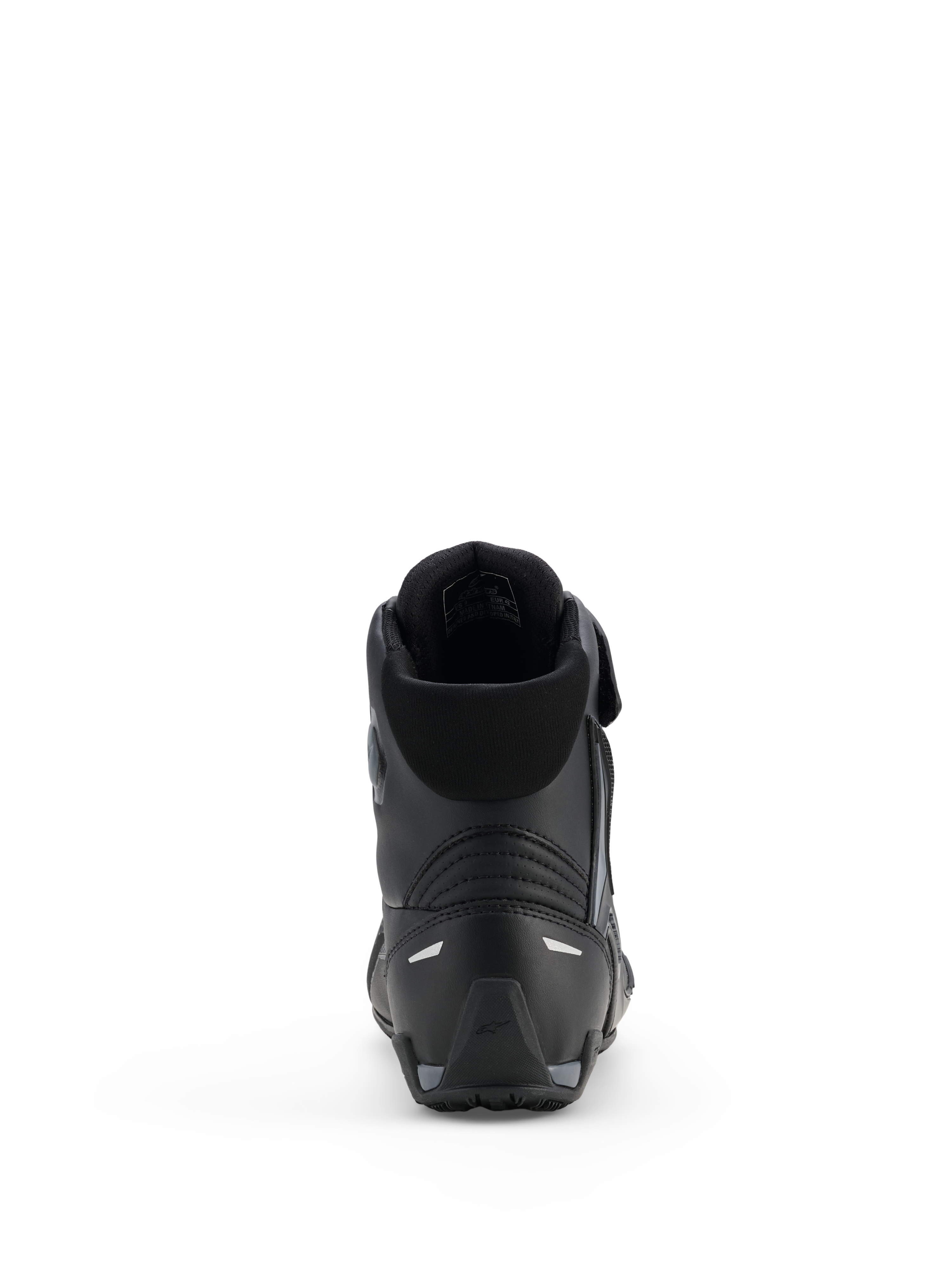 Alpinestars Faster-4 Drystar® Schuhe, Motorradschuhe, Schwarz Cool Gray, Rückansicht mit verstärkter Ferse, gepolstertem Schaftrand und reflektierenden Details, wasserdichte Mikrofaser-Konstruktion für sportliches Fahren