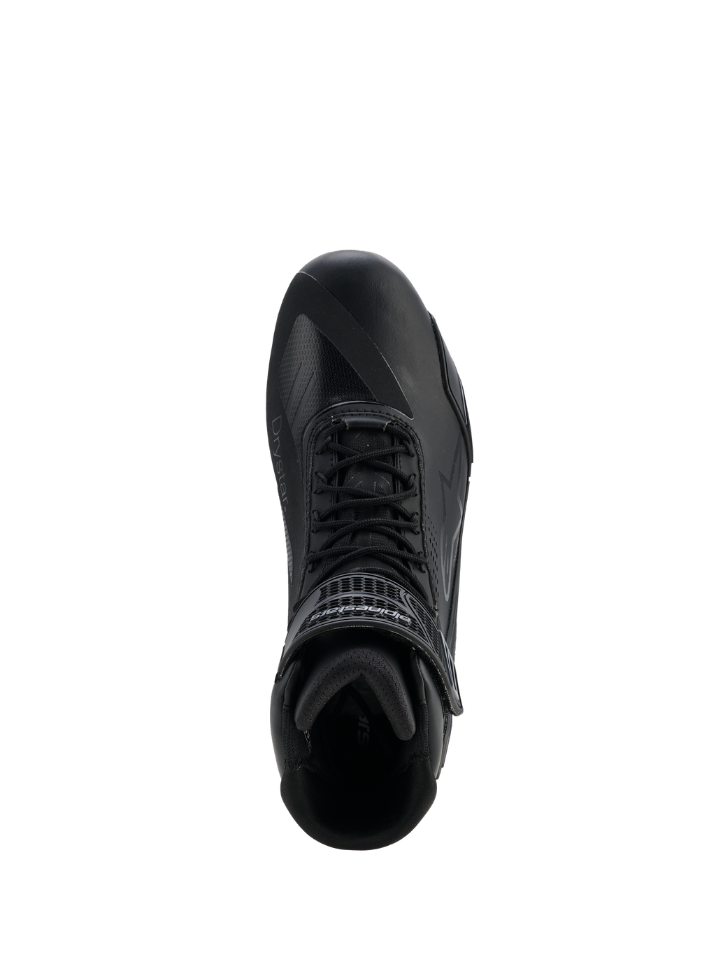 Alpinestars Faster-4 Drystar® Schuhe, Schwarz Cool Gray, Draufsicht eines Motorradschuhs, mit Schnürverschluss und Klettverschluss am Knöchel, nahtlose Mikrofaser-Konstruktion mit Drystar®-Branding, schlankes sportliches Profil für geschützte Straßenfahrten.