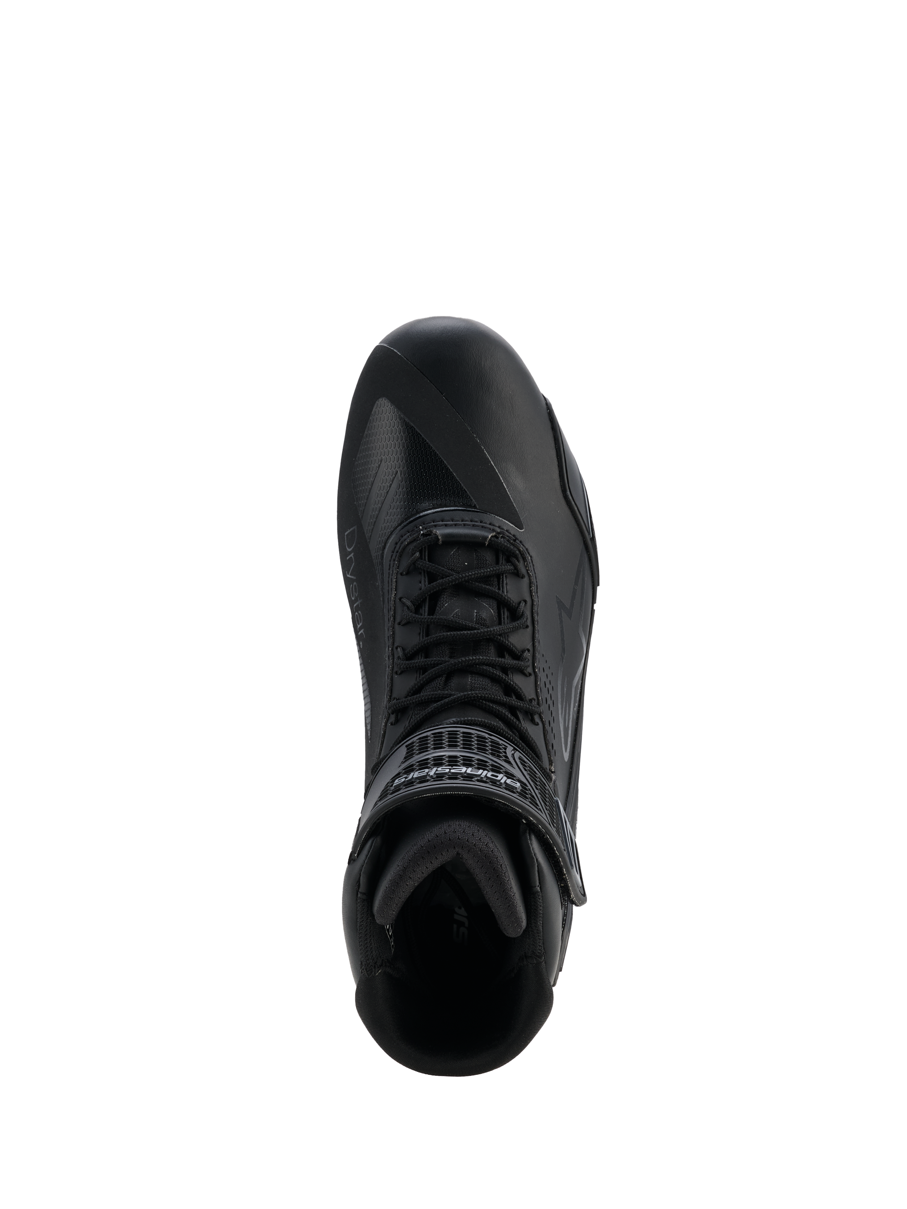 Alpinestars Faster-4 Drystar® Schuhe, Schwarz Cool Gray, Draufsicht eines Motorradschuhs, mit Schnürverschluss und Klettverschluss am Knöchel, nahtlose Mikrofaser-Konstruktion mit Drystar®-Branding, schlankes sportliches Profil für geschützte Straßenfahrten.