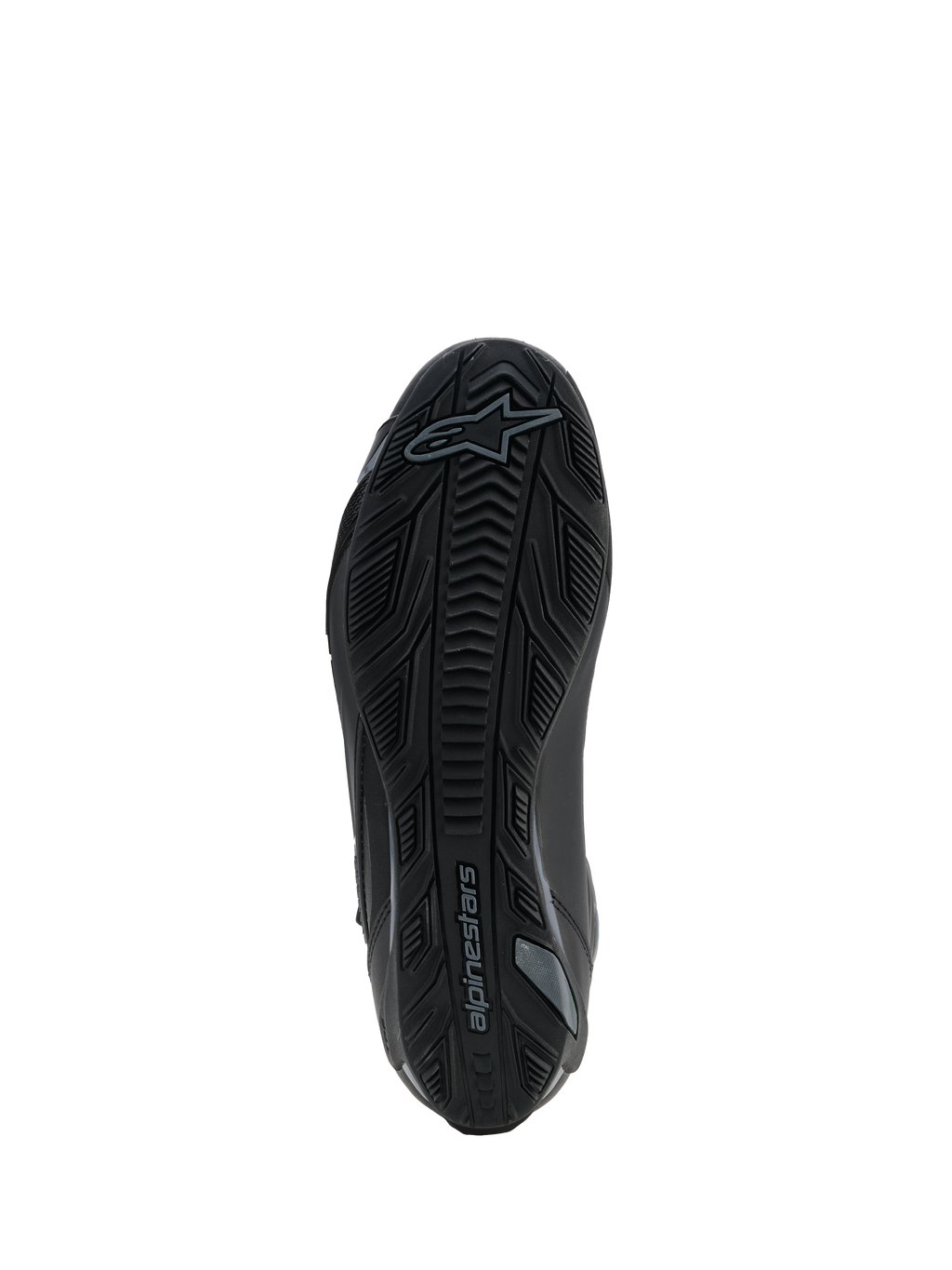 Alpinestars Faster-4 Drystar® Schuhe, Schwarz Cool Gray, Ansicht der Unterseite mit strukturierter Gummisohle, Griffmuster und Alpinestars-Logo, verstärktes Design für Stabilität und Traktion.