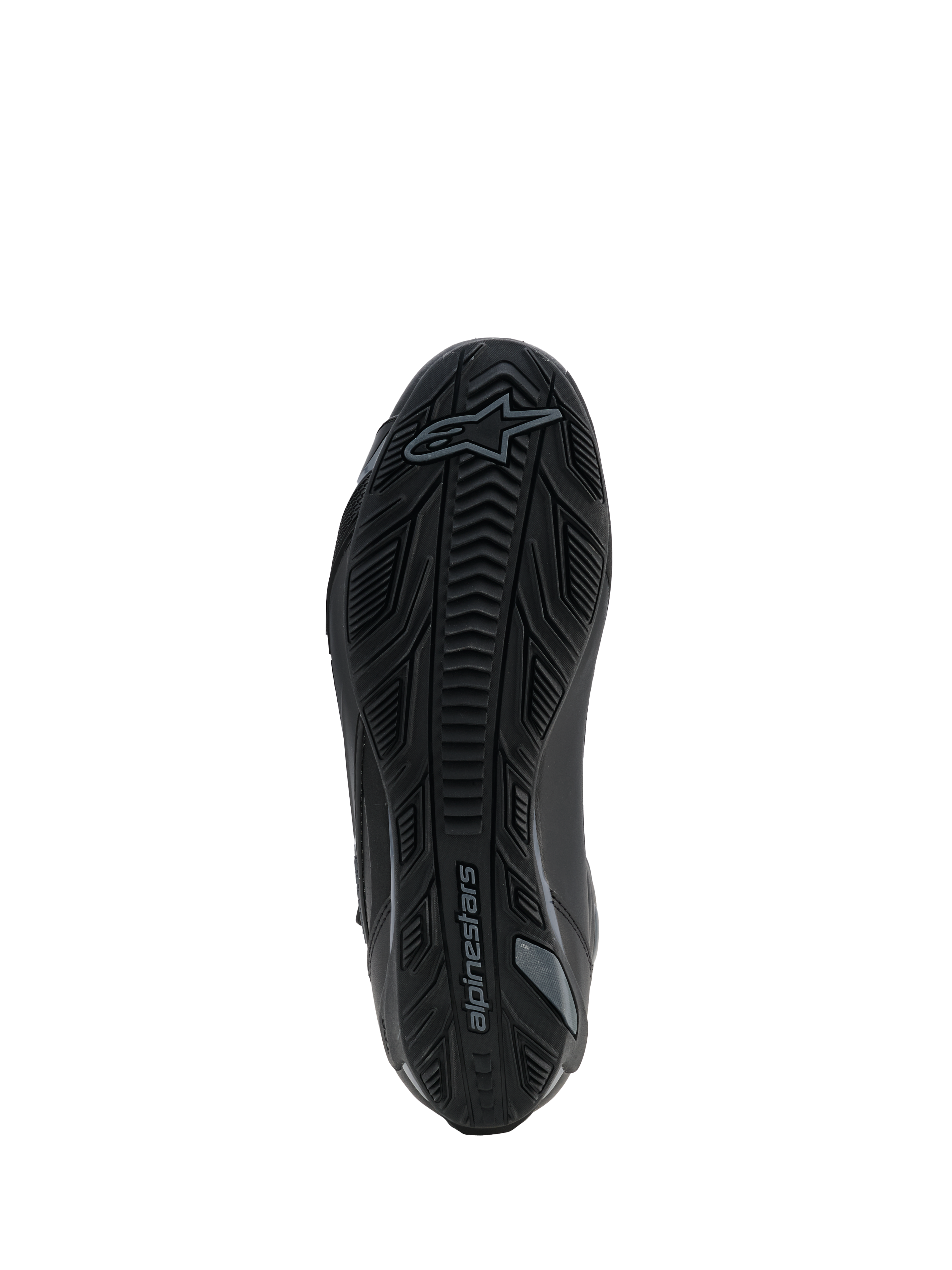 Alpinestars Faster-4 Drystar® Schuhe, Schwarz Cool Gray, Ansicht der Unterseite mit strukturierter Gummisohle, Griffmuster und Alpinestars-Logo, verstärktes Design für Stabilität und Traktion.