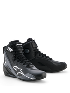 Alpinestars Faster-4 Drystar® Shoes, Motorcycle Riding Shoes, Black Cool Gray and White, sleek design with white Astars logo, lace-up closure with hook-and-loop ankle strap, waterproof Drystar technology, and reinforced panels for sports riding protection.