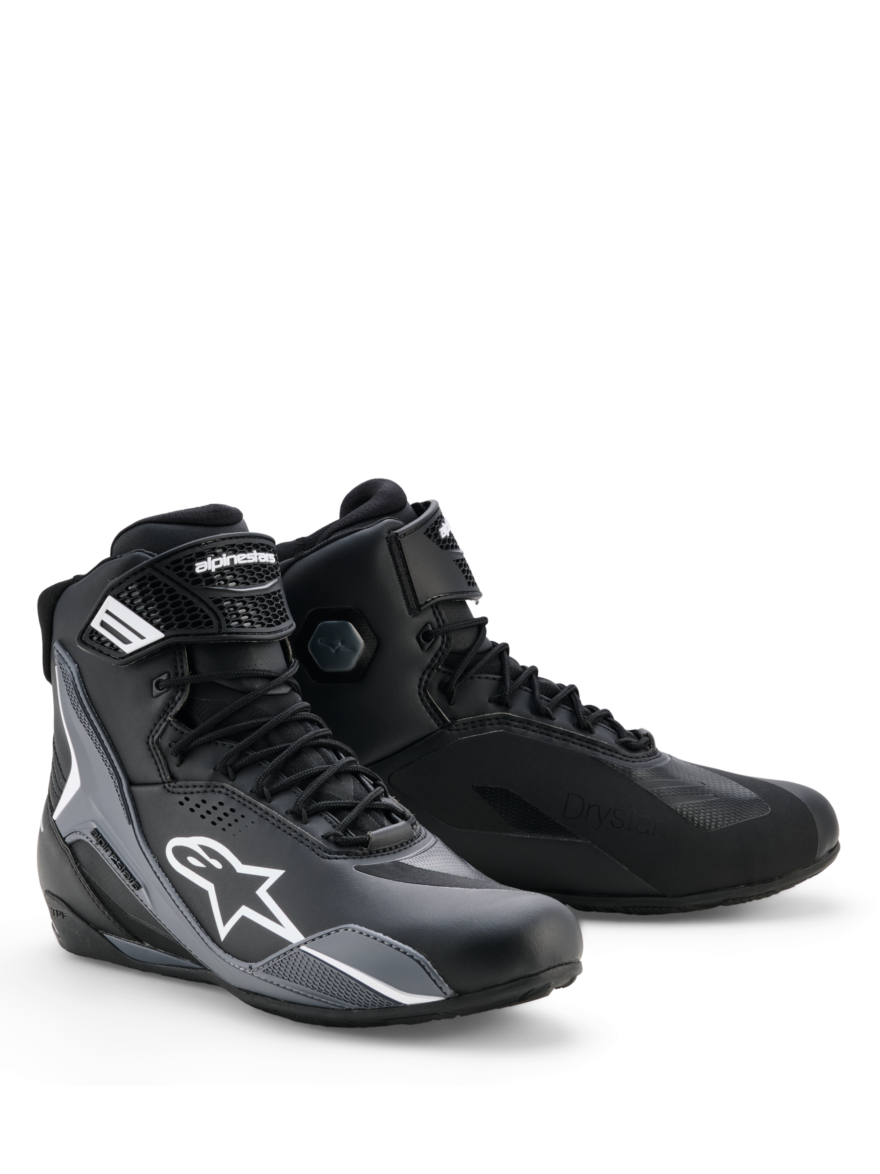 Alpinestars Faster-4 Drystar® Shoes, Motorcycle Riding Shoes, Black Cool Gray and White, sleek design with white Astars logo, lace-up closure with hook-and-loop ankle strap, waterproof Drystar technology, and reinforced panels for sports riding protection.
