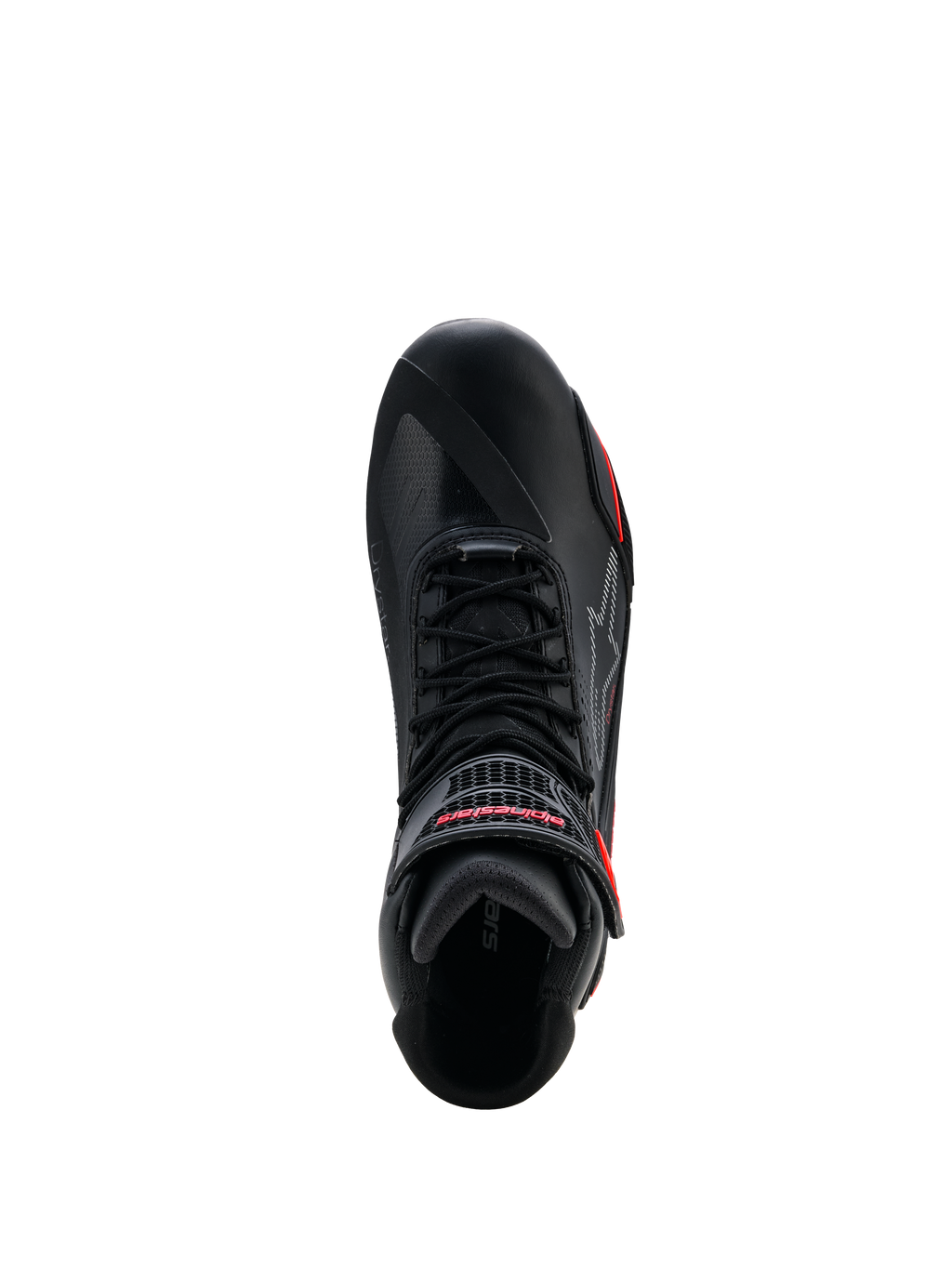 Alpinestars Faster-4 Drystar® Shoes, Black with Rio Red and Red Fluo accents, top-down view showing lace-up system and hook-and-loop strap with red branding, waterproof motorcycle riding footwear
