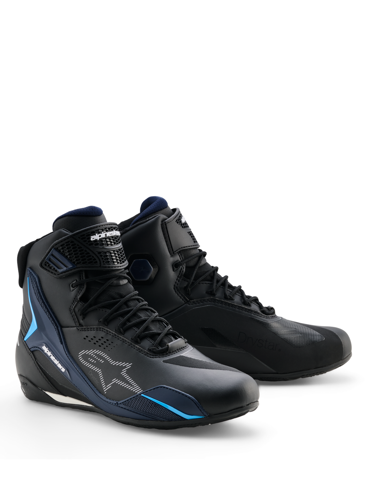 Alpinestars Faster-4 Drystar® Schuhe, Wasserdichte Motorradschuhe, Black Night Navy Cyan, mit weißen Alpinestars-Logos und cyanblauen Akzenten, sportorientiertes Design mit Schnürung und Klettverschluss