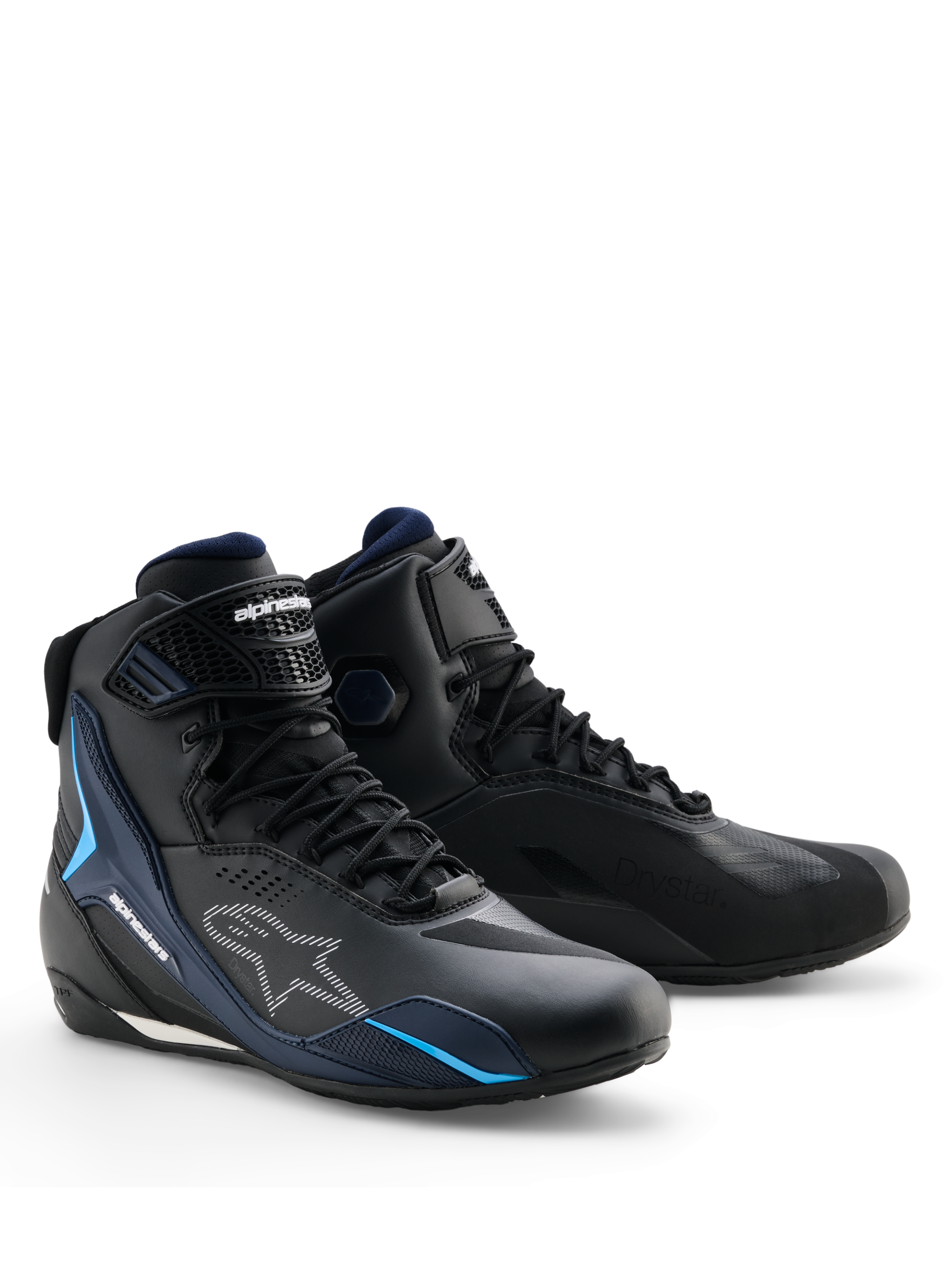 Alpinestars Faster-4 Drystar® Schuhe, Wasserdichte Motorradschuhe, Black Night Navy Cyan, mit weißen Alpinestars-Logos und cyanblauen Akzenten, sportorientiertes Design mit Schnürung und Klettverschluss