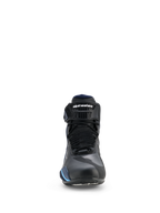Alpinestars Faster-4 Drystar® Schuhe, wasserdichte Motorradschuhe, Schwarz Night Navy Cyan, Frontansicht mit Schnürsenkeln und verstellbarem Knöchelriemen mit Alpinestars-Logo, stromlinienförmiges sportliches Design