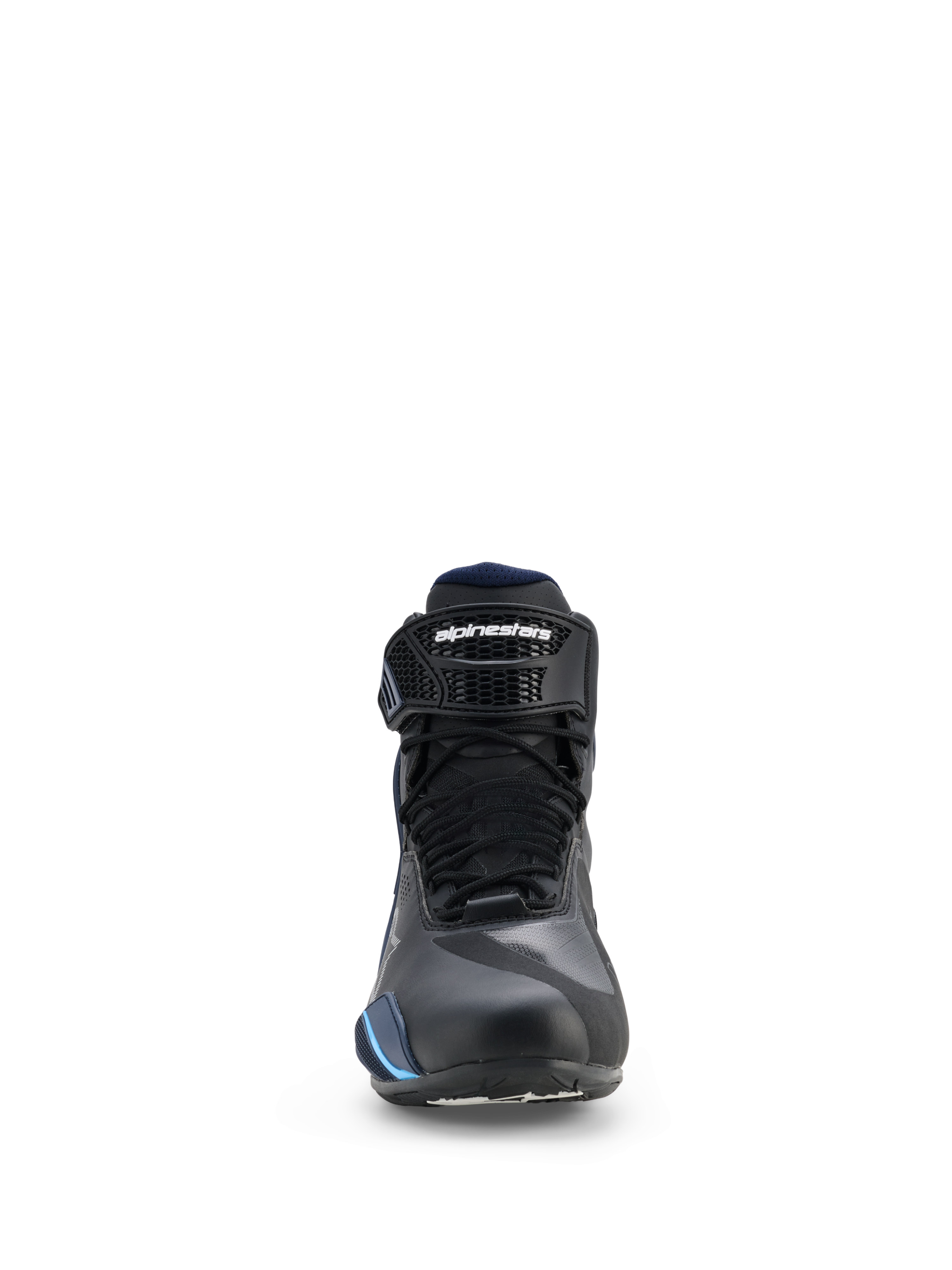 Alpinestars Faster-4 Drystar® Schuhe, wasserdichte Motorradschuhe, Schwarz Night Navy Cyan, Frontansicht mit Schnürsenkeln und verstellbarem Knöchelriemen mit Alpinestars-Logo, stromlinienförmiges sportliches Design