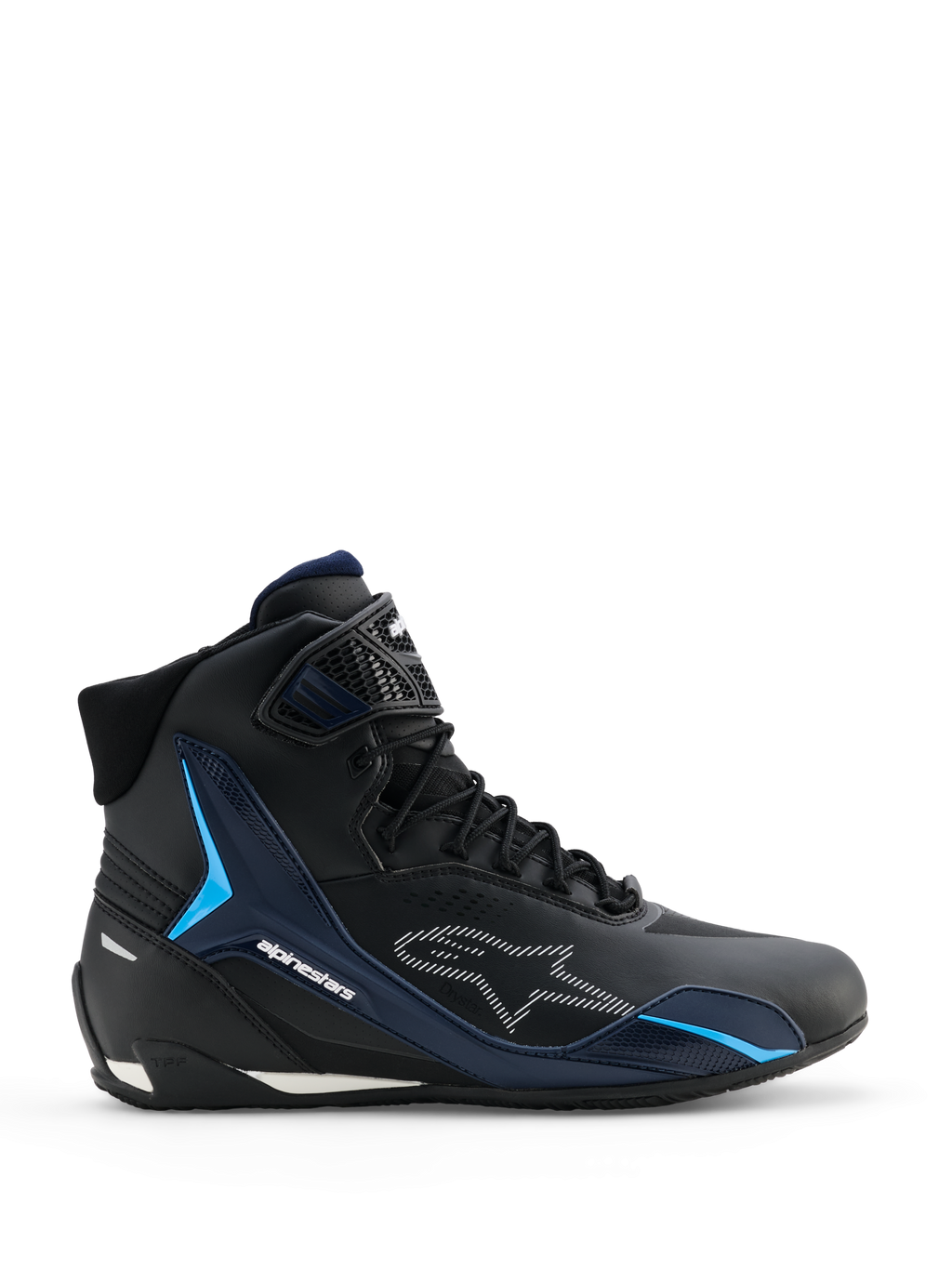 Alpinestars Faster-4 Drystar Schuhe, Motorradschuhe, Schwarz Night Navy Cyan, Seitenansicht mit High-Top-Sneaker-Design, cyanfarbene TPU-Stützpanele, weiß gestricheltes Alpinestars-Logo, Schnürverschluss mit strukturiertem Knöchelriemen.