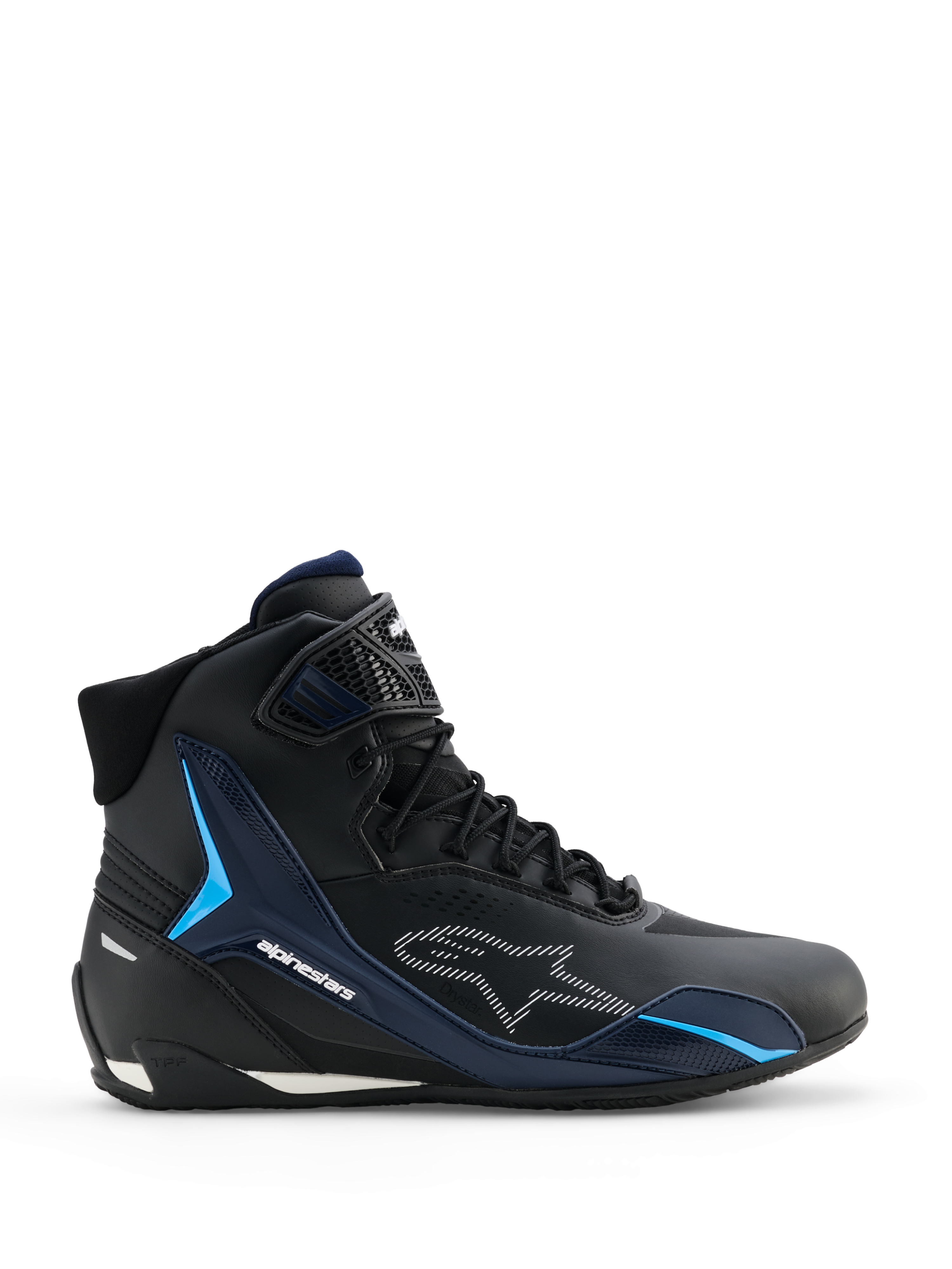 Alpinestars Faster-4 Drystar Schuhe, Motorradschuhe, Schwarz Night Navy Cyan, Seitenansicht mit High-Top-Sneaker-Design, cyanfarbene TPU-Stützpanele, weiß gestricheltes Alpinestars-Logo, Schnürverschluss mit strukturiertem Knöchelriemen.