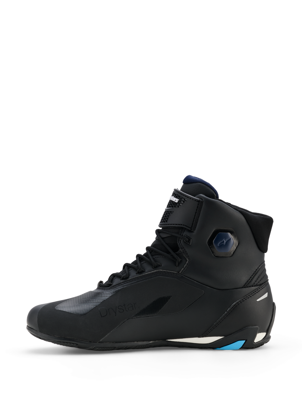 Alpinestars Faster-4 Drystar® Schuhe, Schwarz mit Akzenten in Night Navy und Cyan, Seitenansicht, halbhohe Motorradschuhe, mit Schnürung, Klettverschluss-Knöchelriemen und verstärkter Schutzsohle