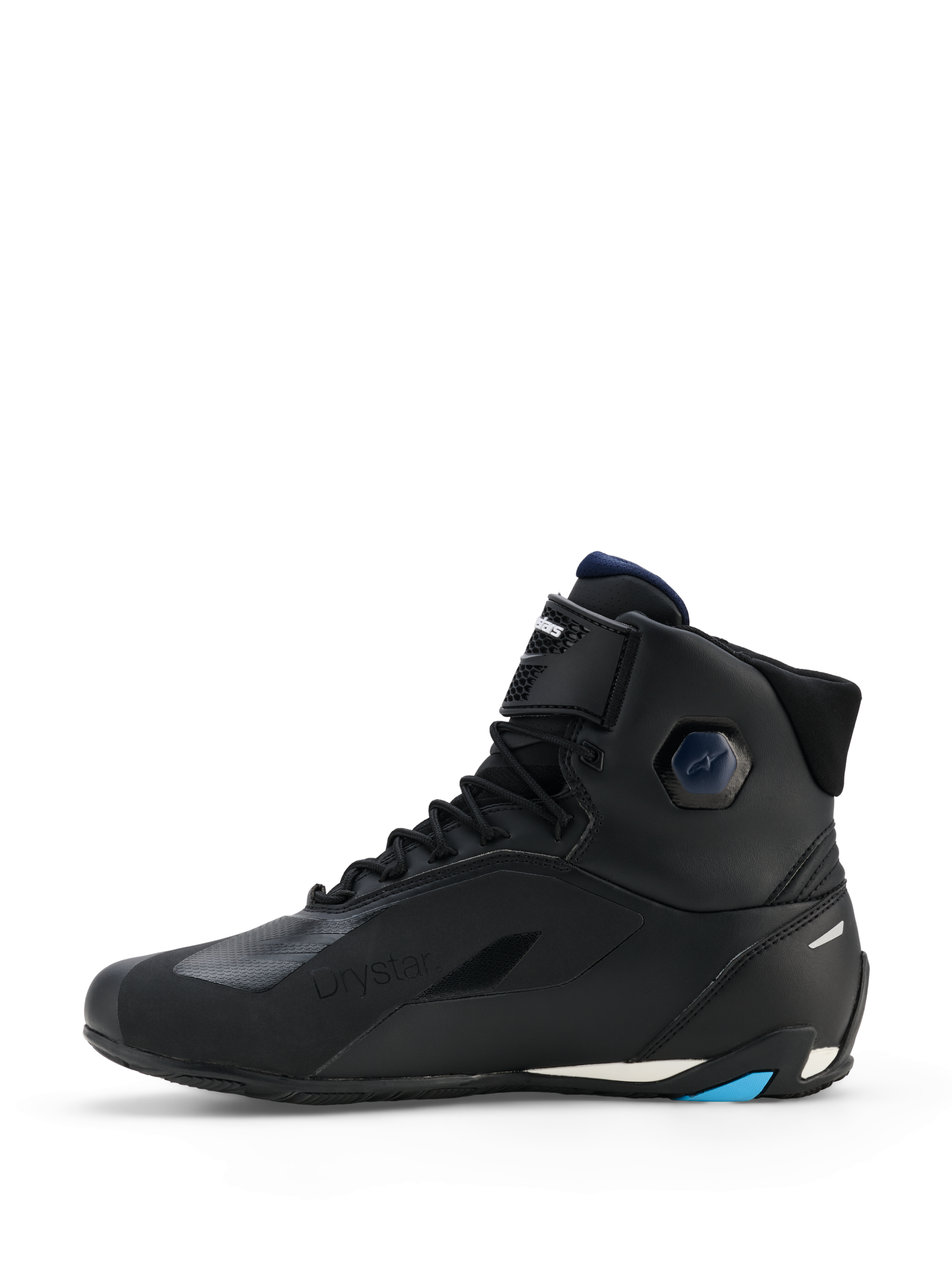 Alpinestars Faster-4 Drystar® Schuhe, Schwarz mit Akzenten in Night Navy und Cyan, Seitenansicht, halbhohe Motorradschuhe, mit Schnürung, Klettverschluss-Knöchelriemen und verstärkter Schutzsohle