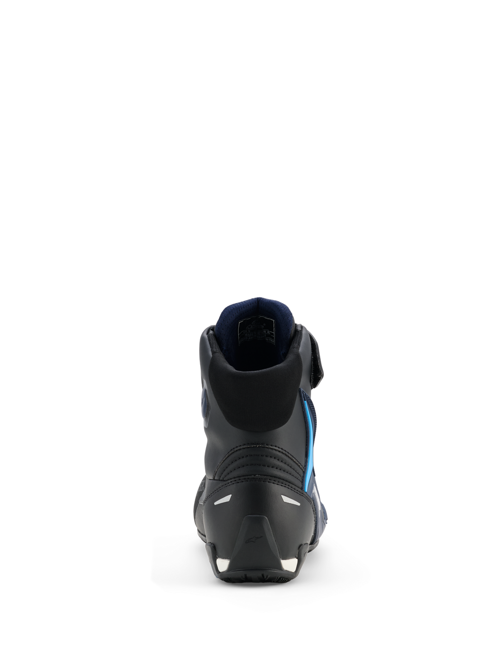 Alpinestars Faster-4 Drystar® Schuhe, Motorradschuhe, Schwarz Night Navy Cyan, Rückansicht mit Fokus auf die verstärkte Fersen- und Knöchelstruktur, dunkelblaues Innenfutter, reflektierende Details, schlankes sportliches Design für Performance auf der Straße