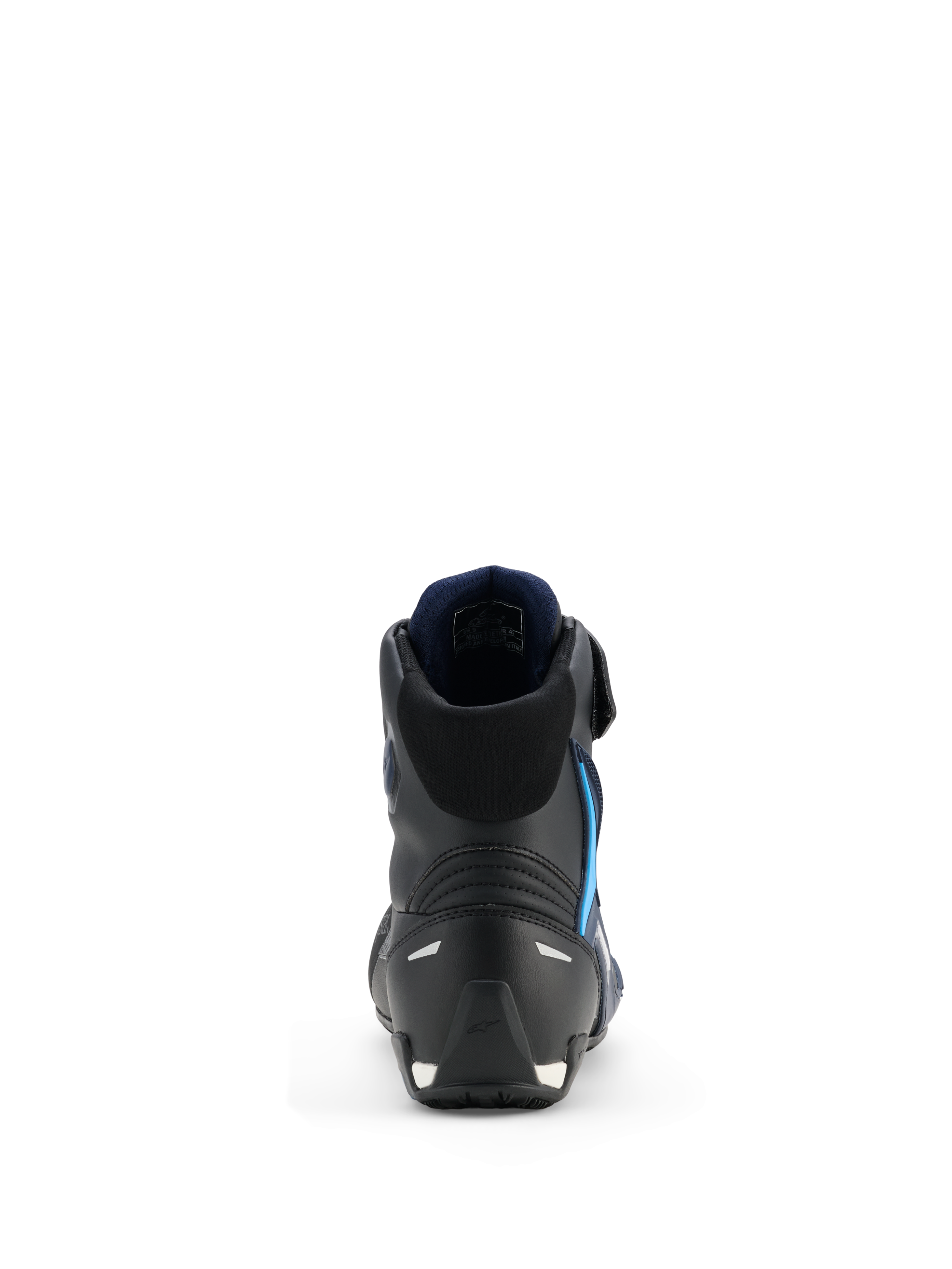 Alpinestars Faster-4 Drystar® Schuhe, Motorradschuhe, Schwarz Night Navy Cyan, Rückansicht mit Fokus auf die verstärkte Fersen- und Knöchelstruktur, dunkelblaues Innenfutter, reflektierende Details, schlankes sportliches Design für Performance auf der Straße