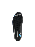 Alpinestars Faster-4 Drystar® Schuhe, Sohlenansicht, Black Night Navy Cyan, mit einer verstärkten Gummiaußensohle mit strukturiertem Grip, weißem Alpinestars-Logo und cyanblauen Akzenten, entwickelt für Stabilität beim Motorradfahren