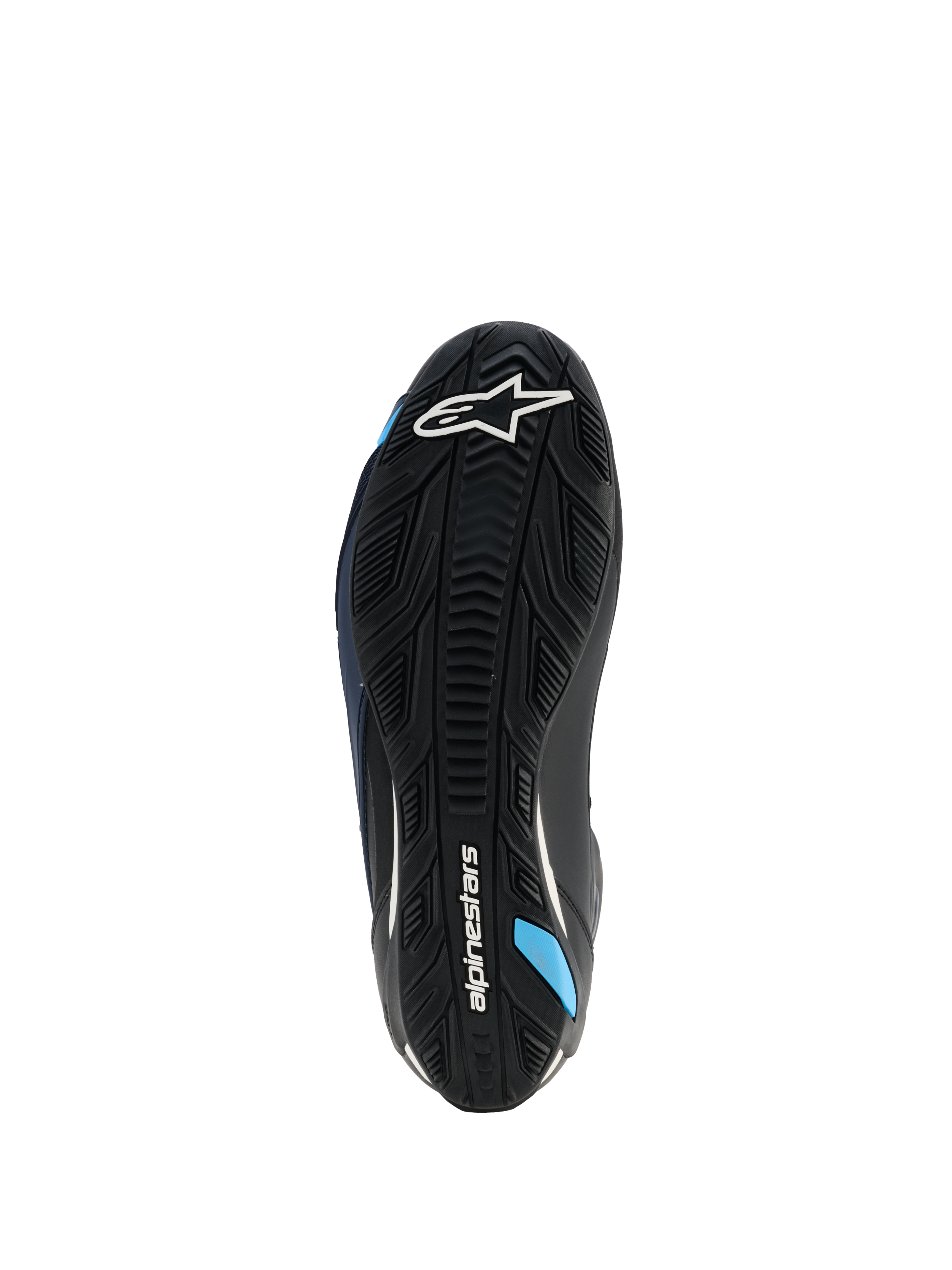 Alpinestars Faster-4 Drystar® Schuhe, Sohlenansicht, Black Night Navy Cyan, mit einer verstärkten Gummiaußensohle mit strukturiertem Grip, weißem Alpinestars-Logo und cyanblauen Akzenten, entwickelt für Stabilität beim Motorradfahren