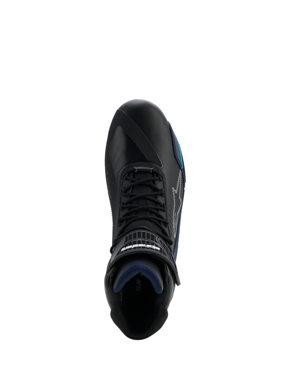 Alpinestars Faster-4 Drystar® Schuhe, Draufsicht auf schwarzen Motorradschuh, mit Akzenten in Black Night Navy Cyan, Schnürverschluss mit Klettverschlussriemen, wasserdichte Mikrofaser-Konstruktion, sportliche Motorradschuhe für die Straße